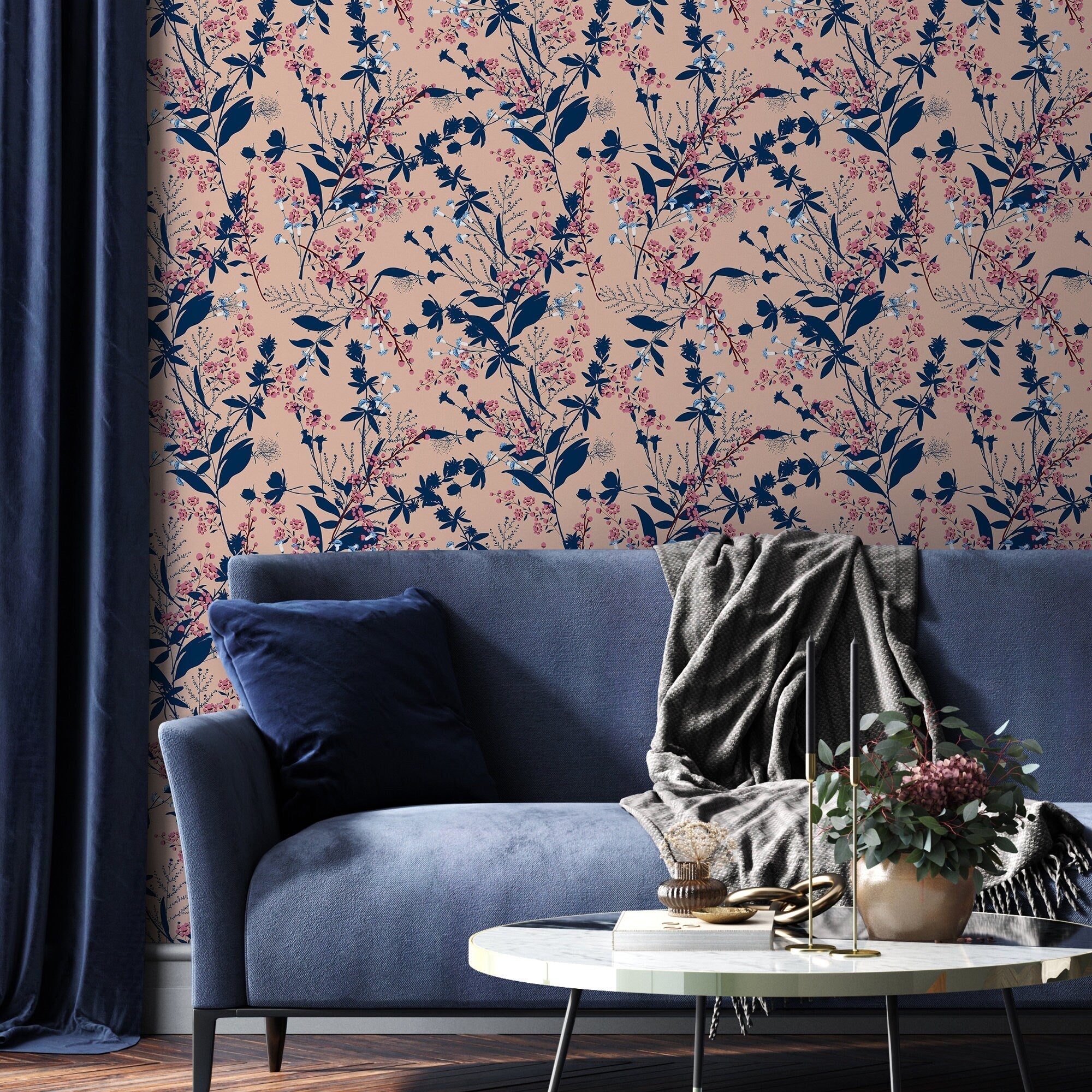 Botanical Wallpaper With Delicate Wildflowers In Navy Blue, Pink, And Beige - A826