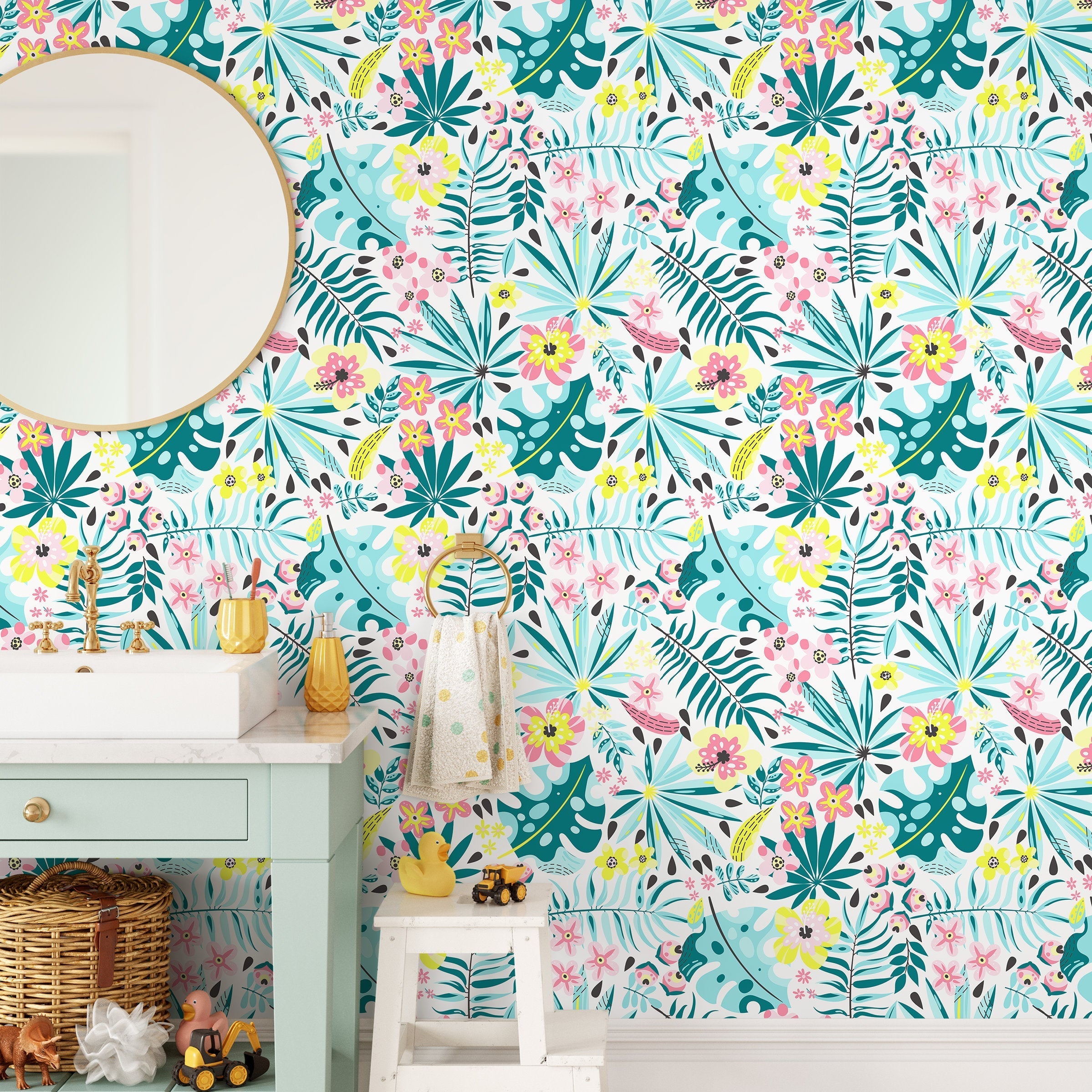 Botanical Wallpaper With Tropical Flowers In Teal, Pink, And Yellow - A831