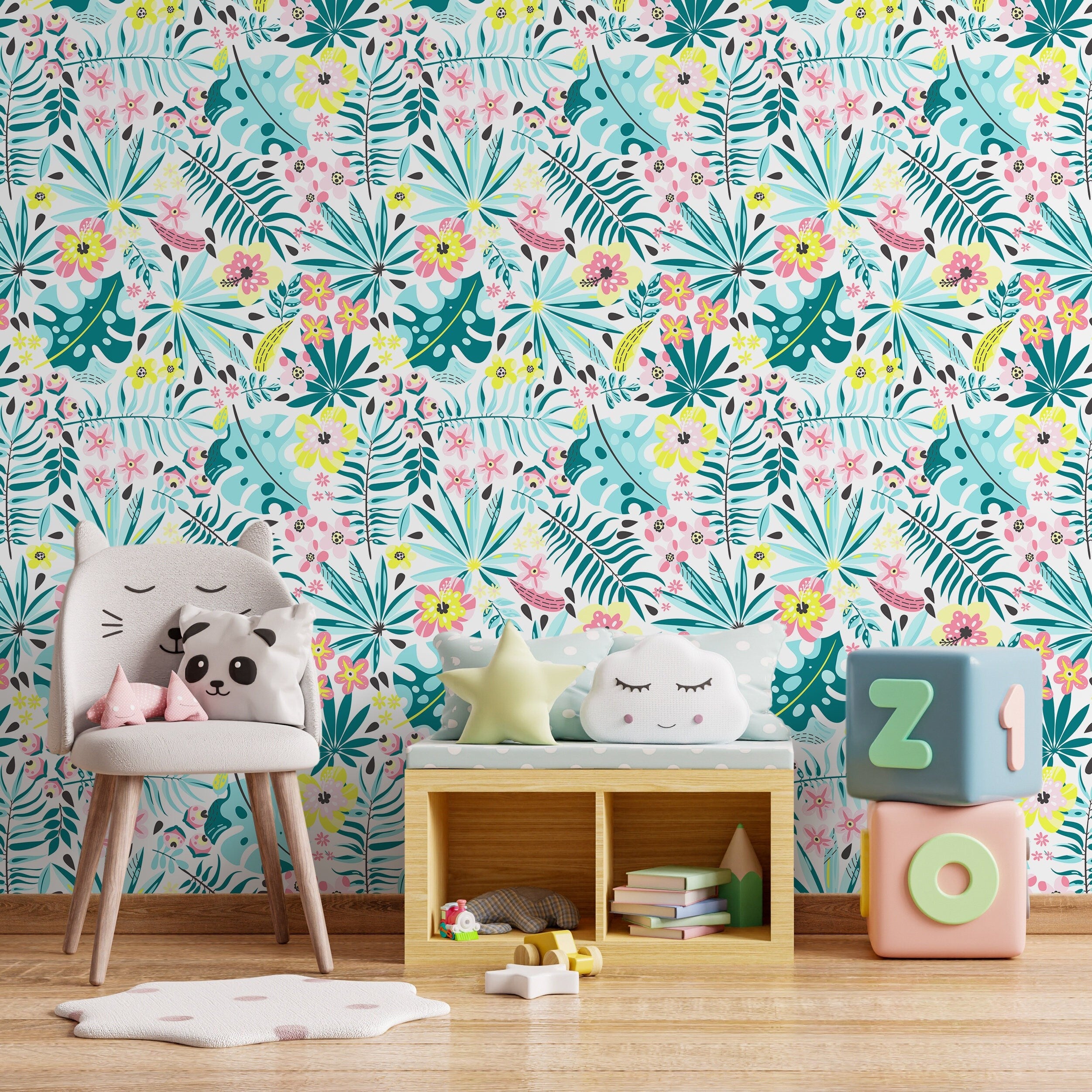Botanical Wallpaper With Tropical Flowers In Teal, Pink, And Yellow - A831