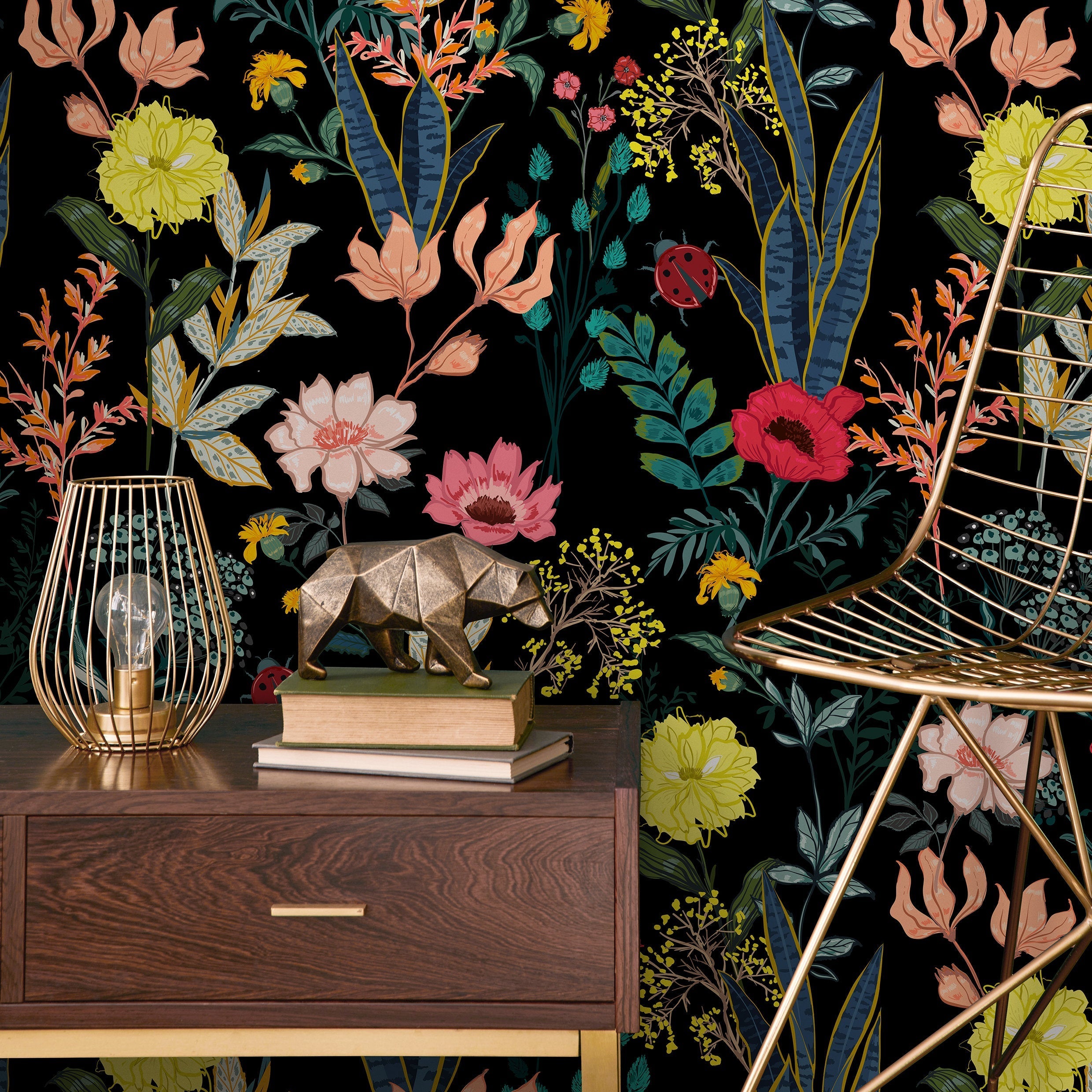 Botanical Wallpaper With Colorful Flowers And Ladybugs In Red, Yellow, And Pink - A834