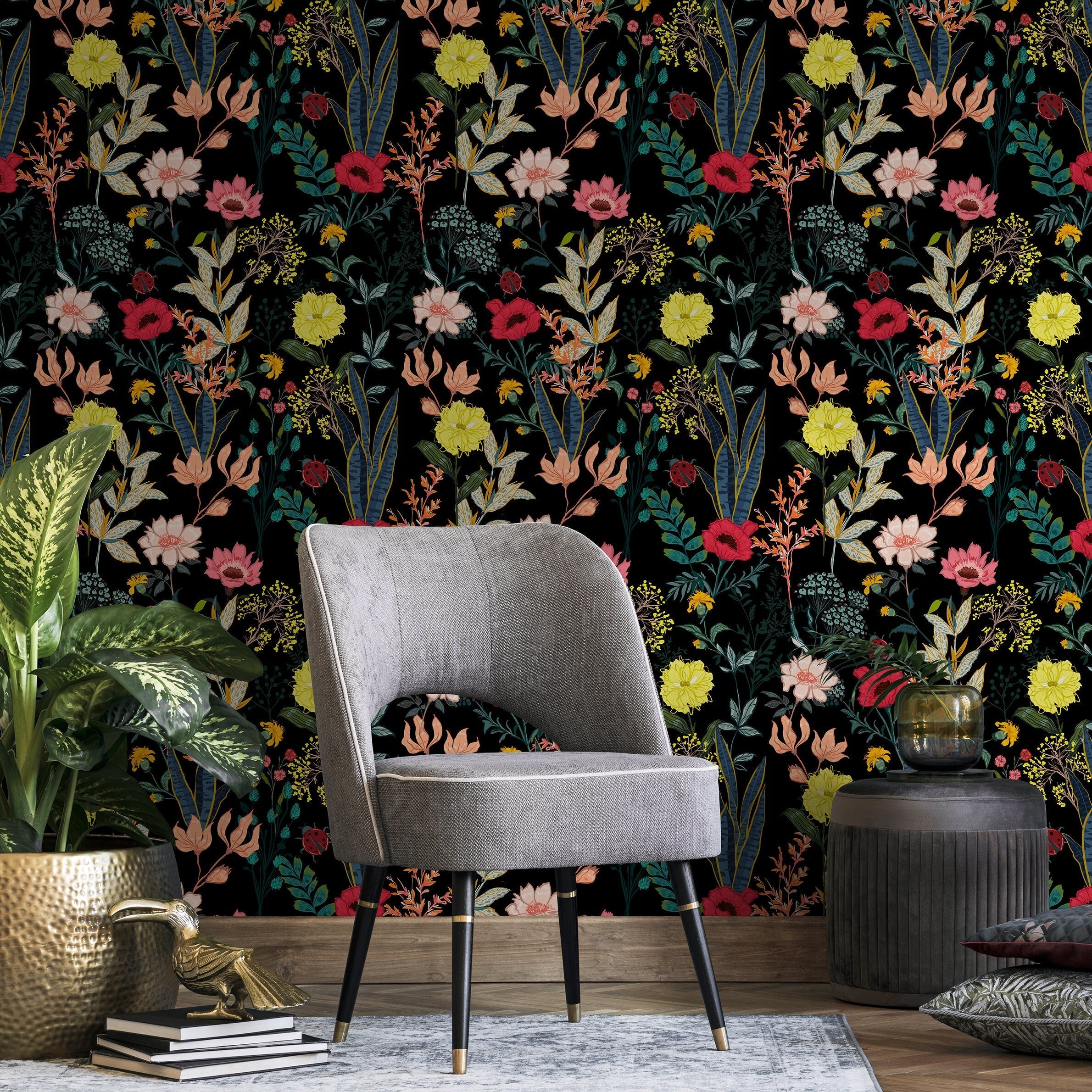 Botanical Wallpaper With Colorful Flowers And Ladybugs In Red, Yellow, And Pink - A834