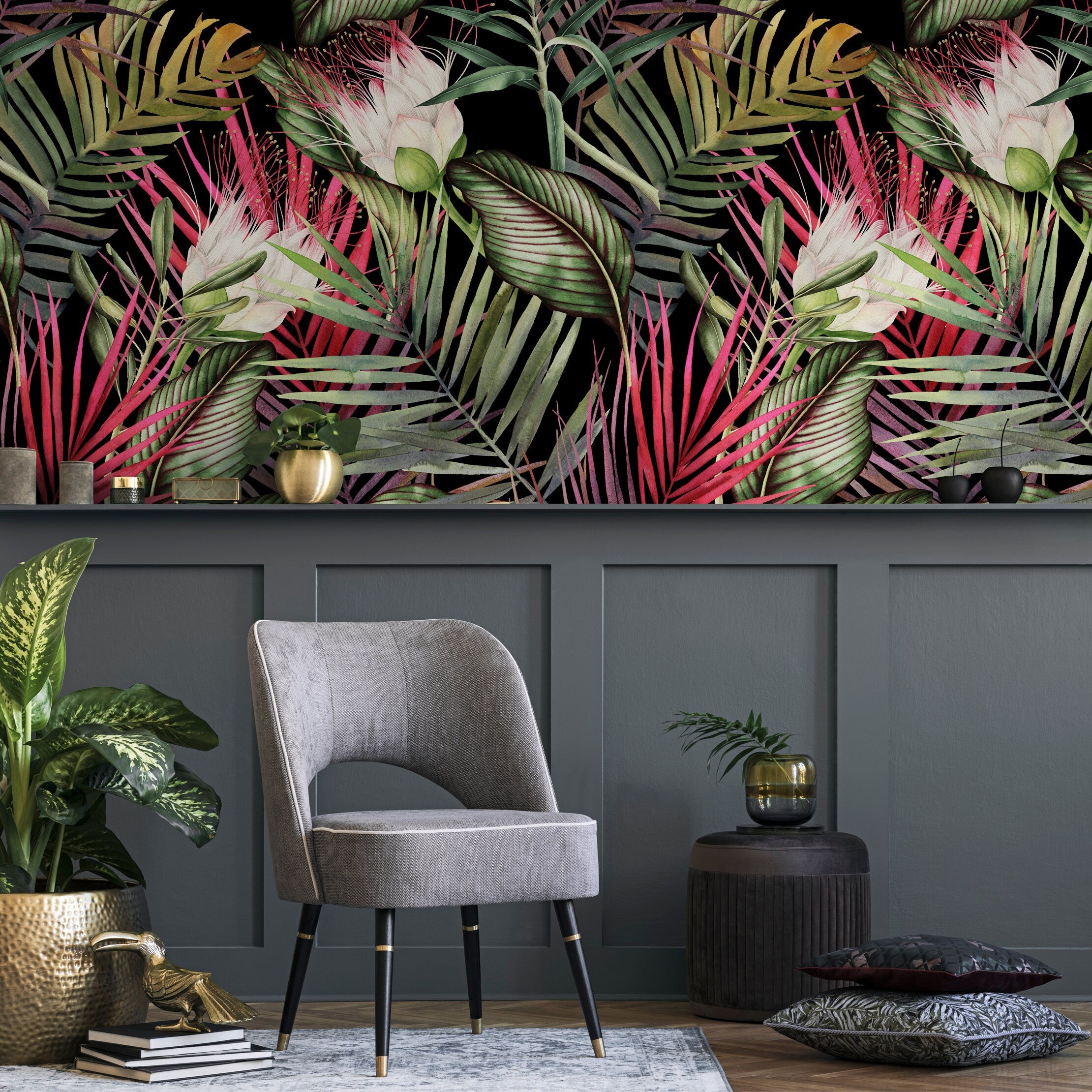 Tropical Wallpaper With Lush Jungle Foliage In Black, Green, And Pink - A835