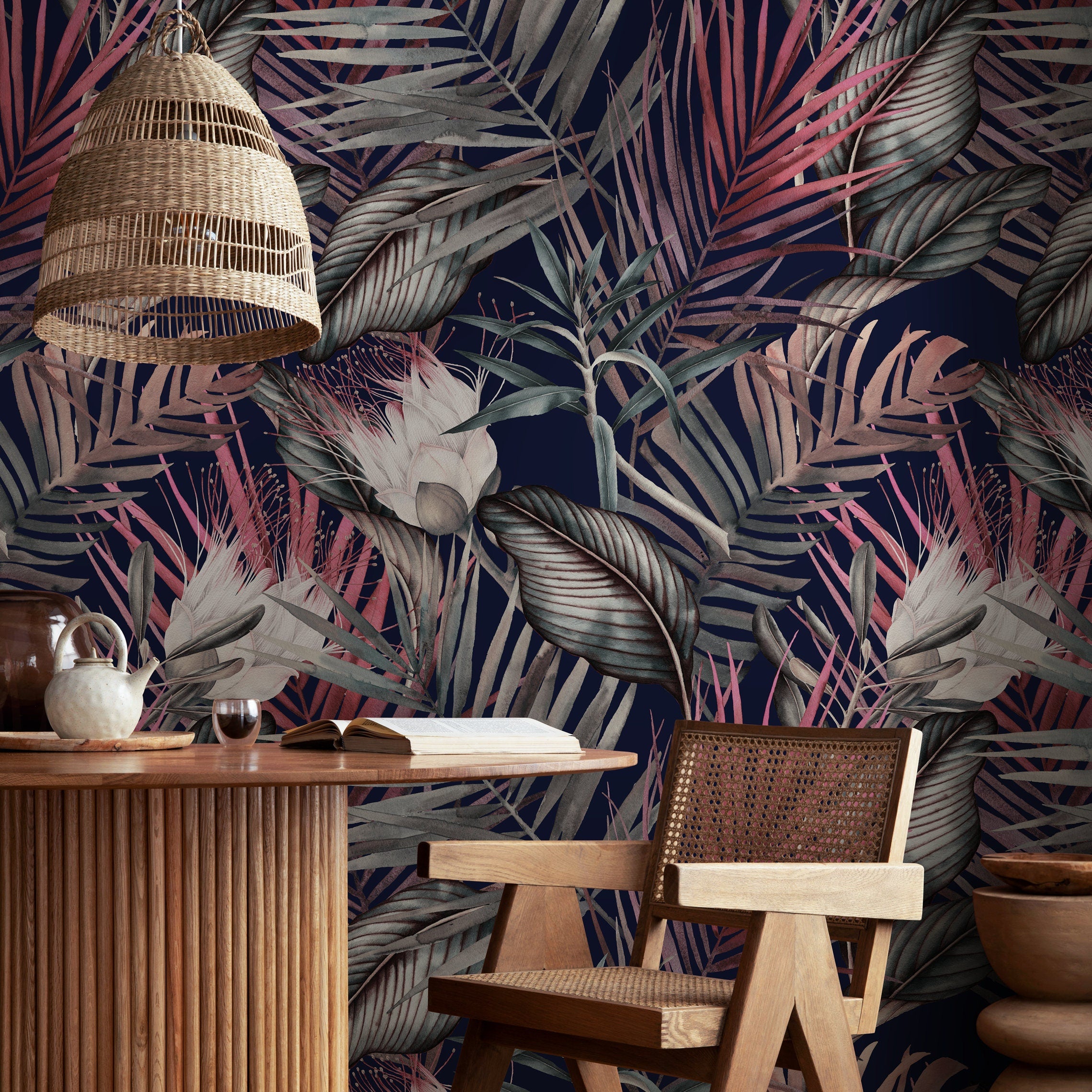 Tropical Wallpaper With Moody Jungle Leaves And Flowers In Navy, Pink, And Grey - A836