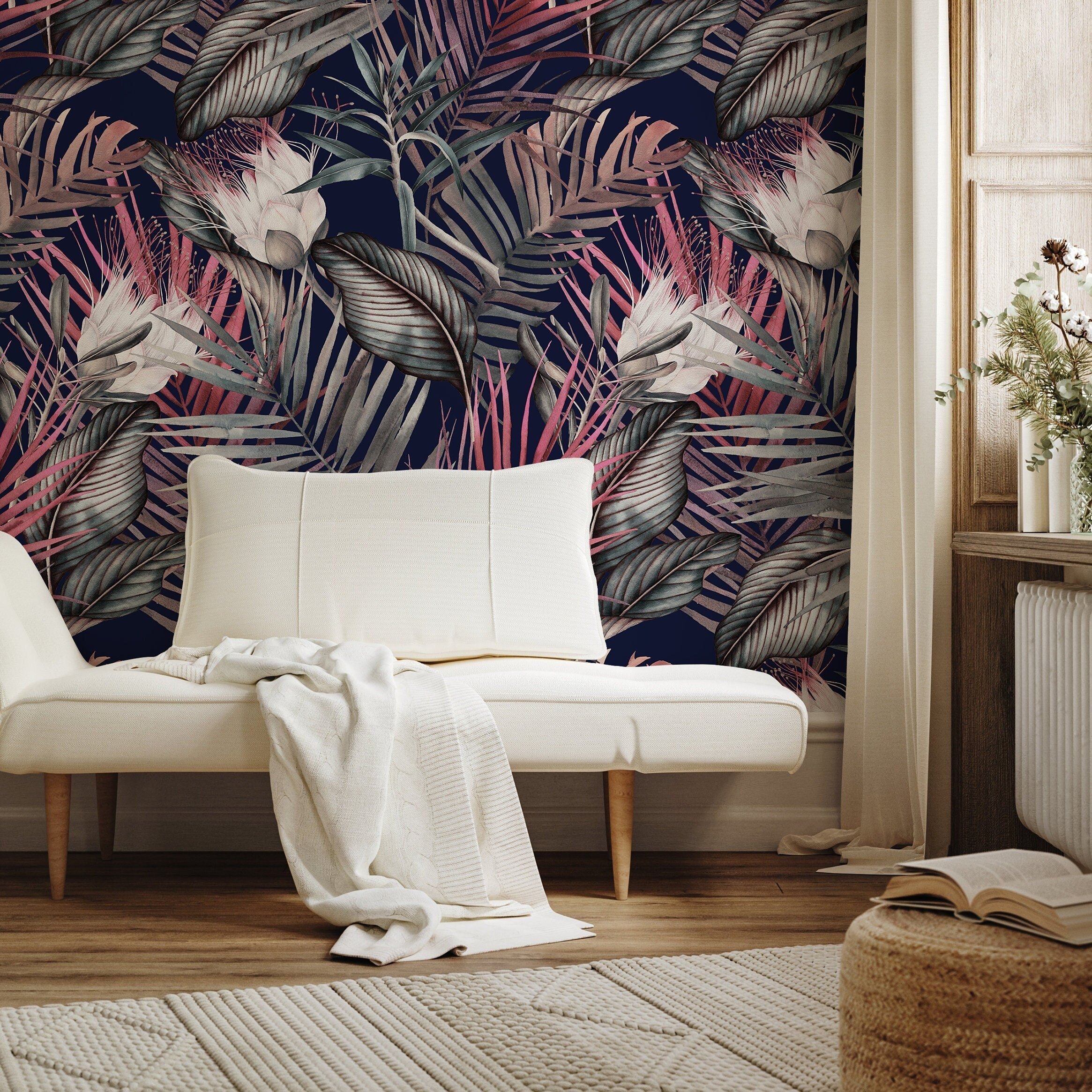 Tropical Wallpaper With Moody Jungle Leaves And Flowers In Navy, Pink, And Grey - A836