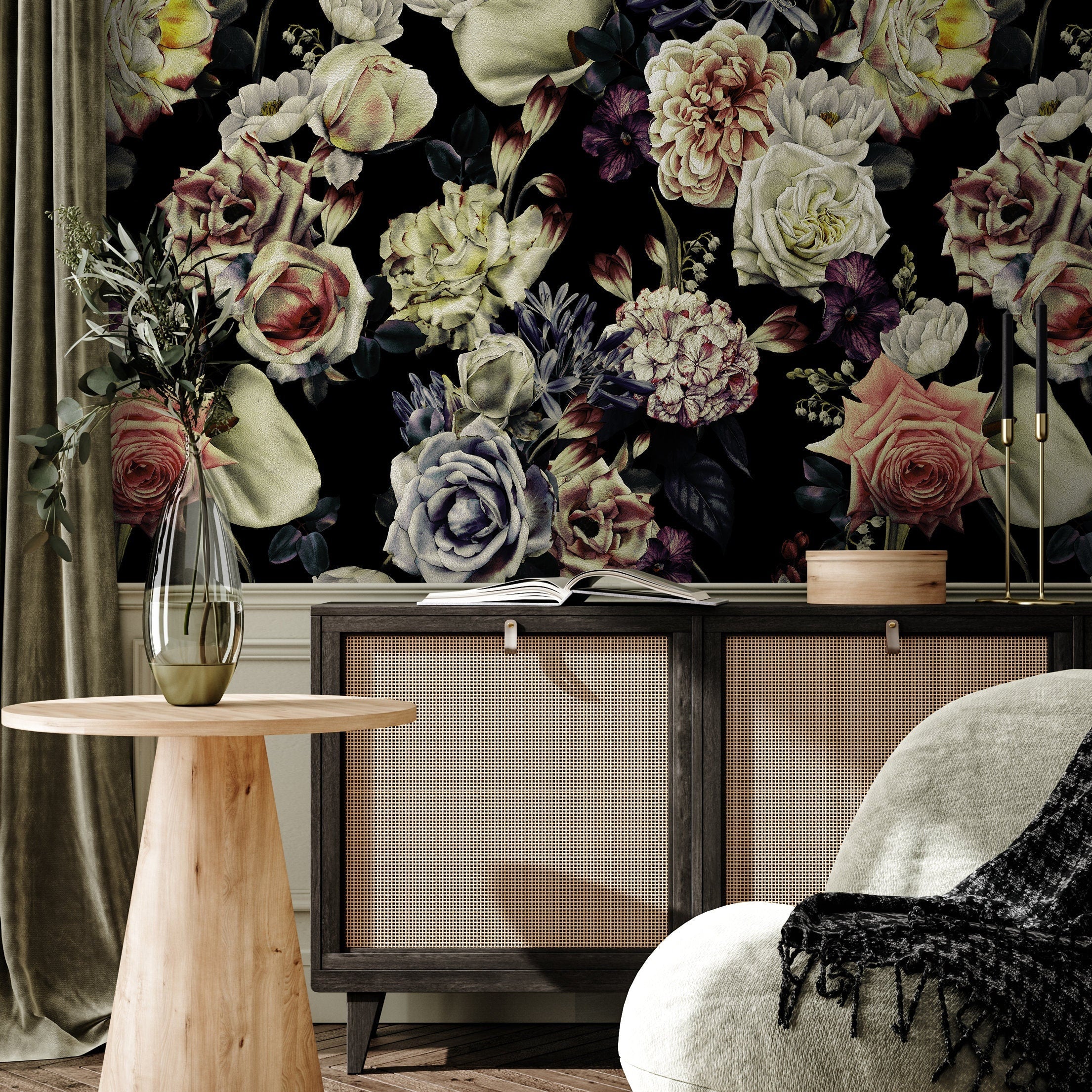 Dark Floral Wallpaper With A Moody Bouquet In Pink, White, And Purple - A841