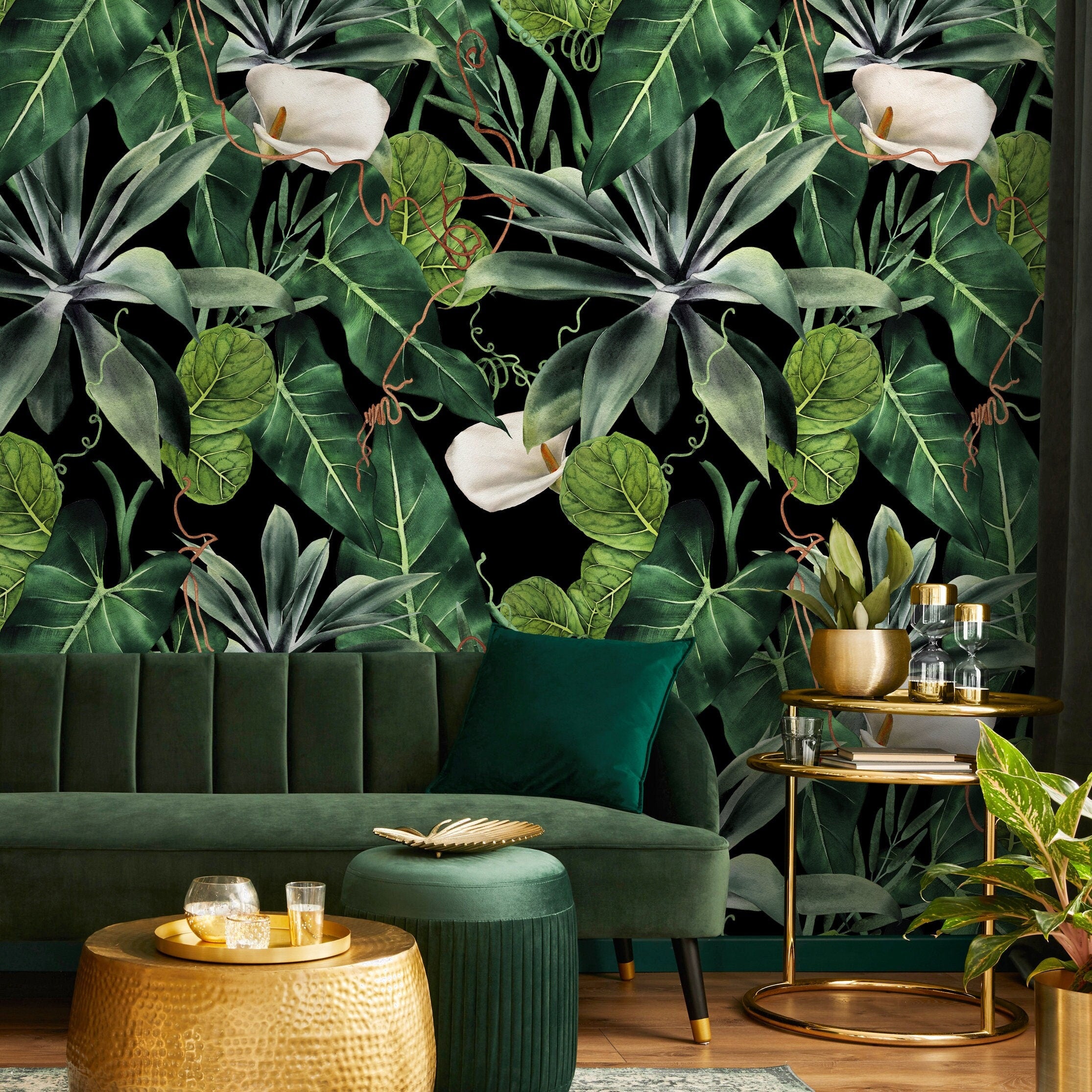 Botanical Wallpaper With Calla Lilies And Lush Leaves In Green, White, And Black - A843