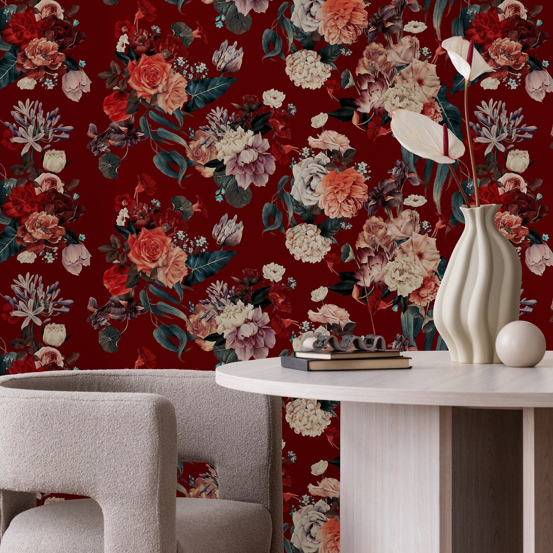 Floral Wallpaper With A Vintage Bouquet In Red, Cream, And Pink - A848