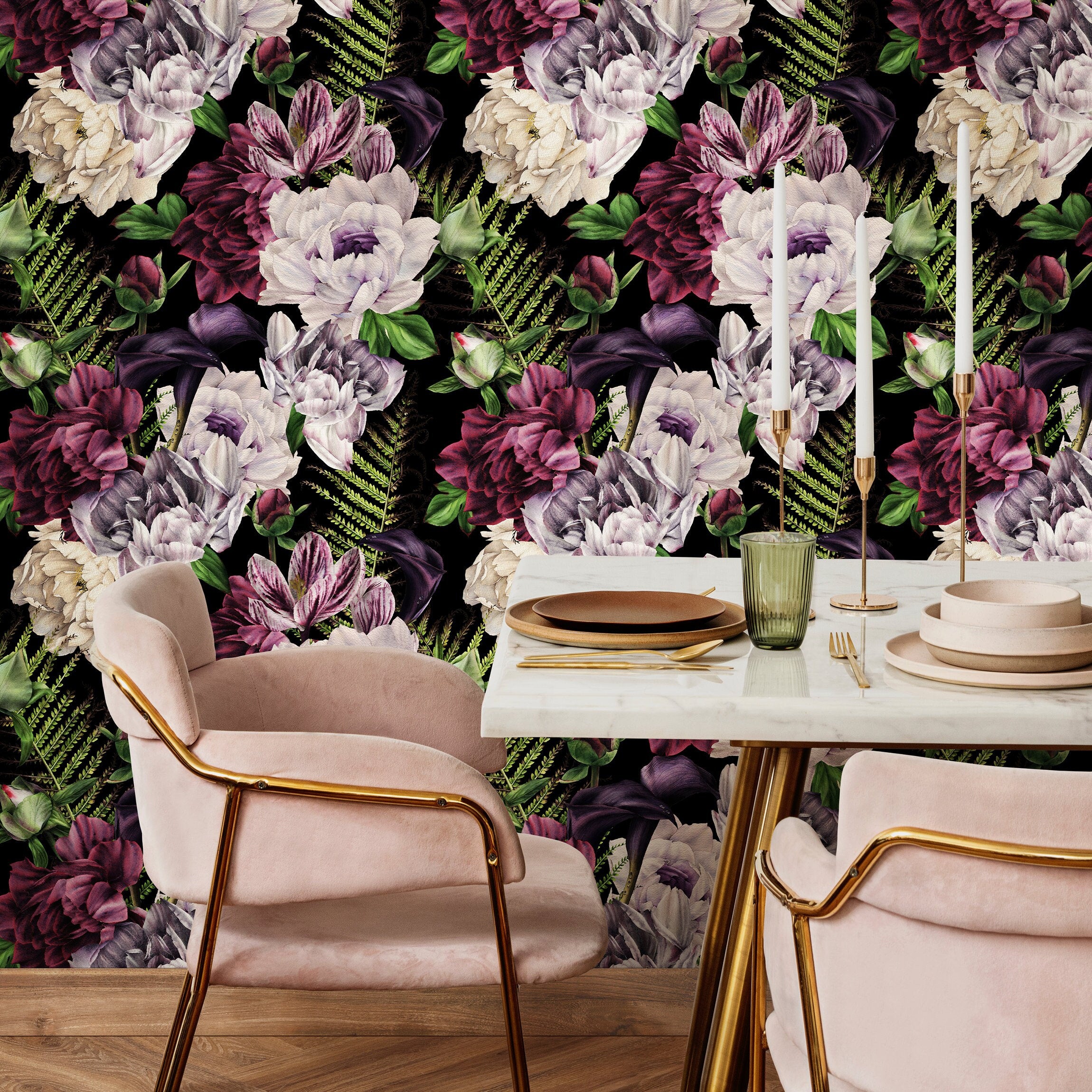 Floral Wallpaper Featuring Large Peonies In Purple, White, And Green - A851