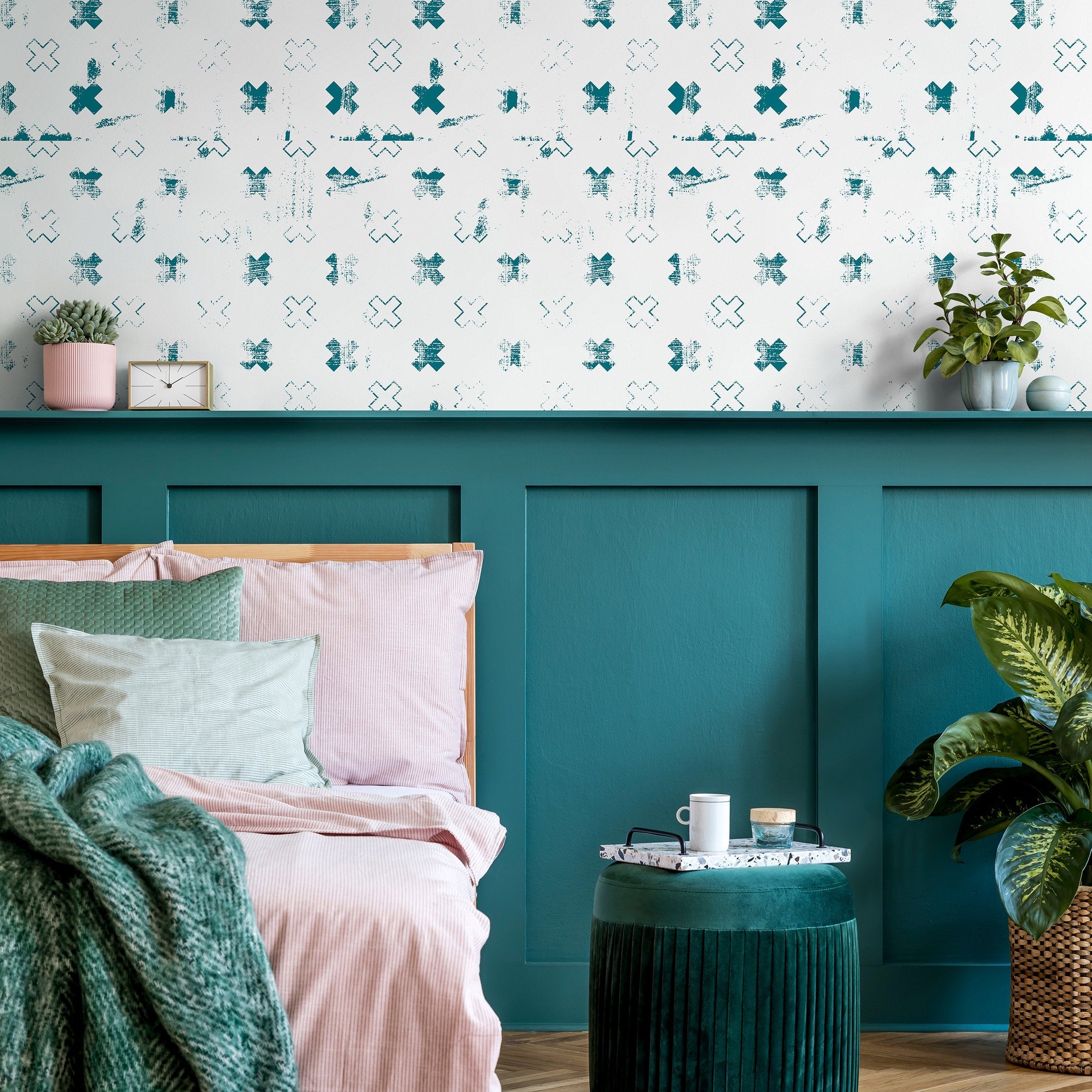 Geometric Wallpaper With A Distressed Cross Motif In Teal - A852