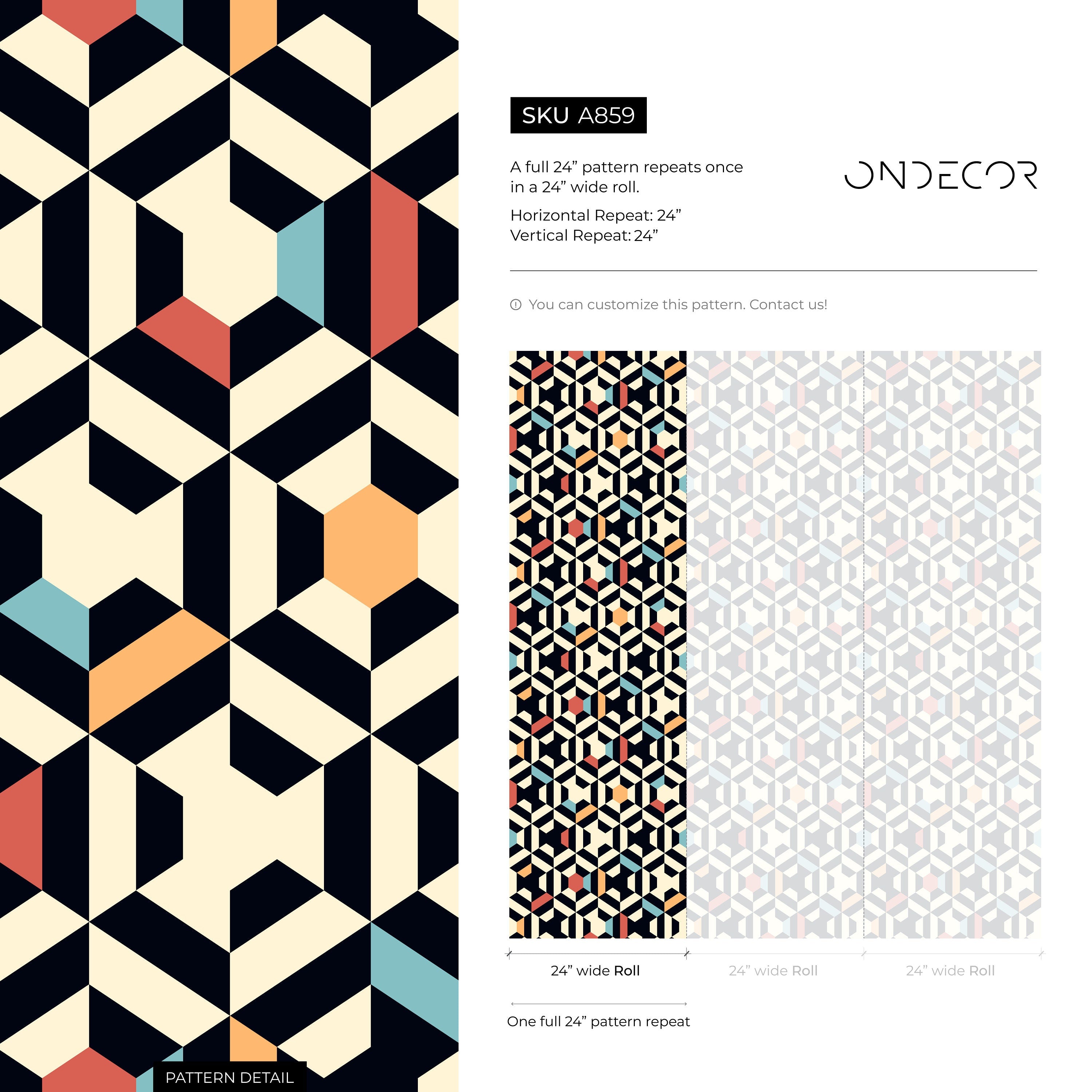 Geometric Wallpaper With A 3d Block Motif In Black, Blue, And Orange - A859