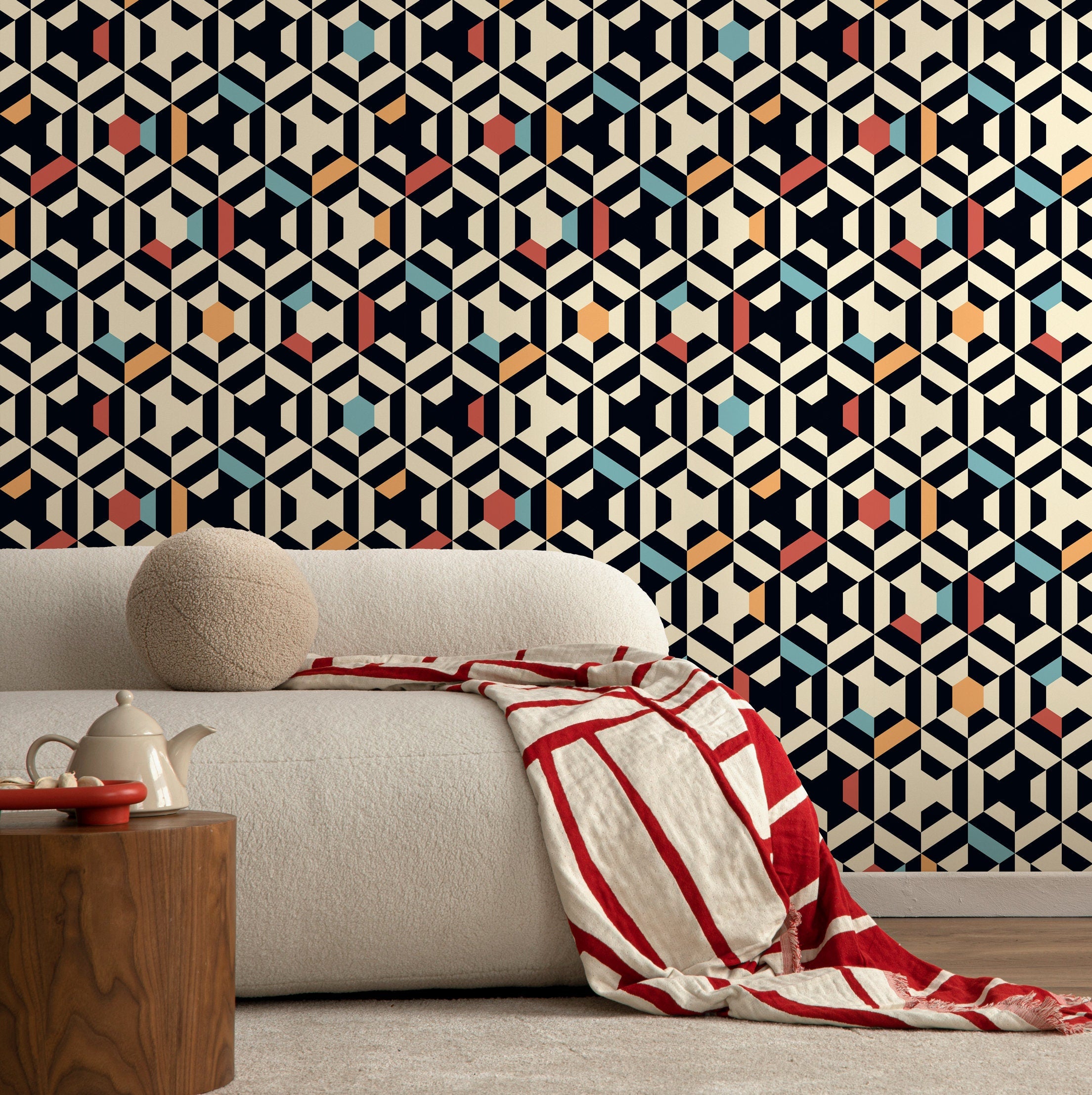 Geometric Wallpaper With A 3d Block Motif In Black, Blue, And Orange - A859