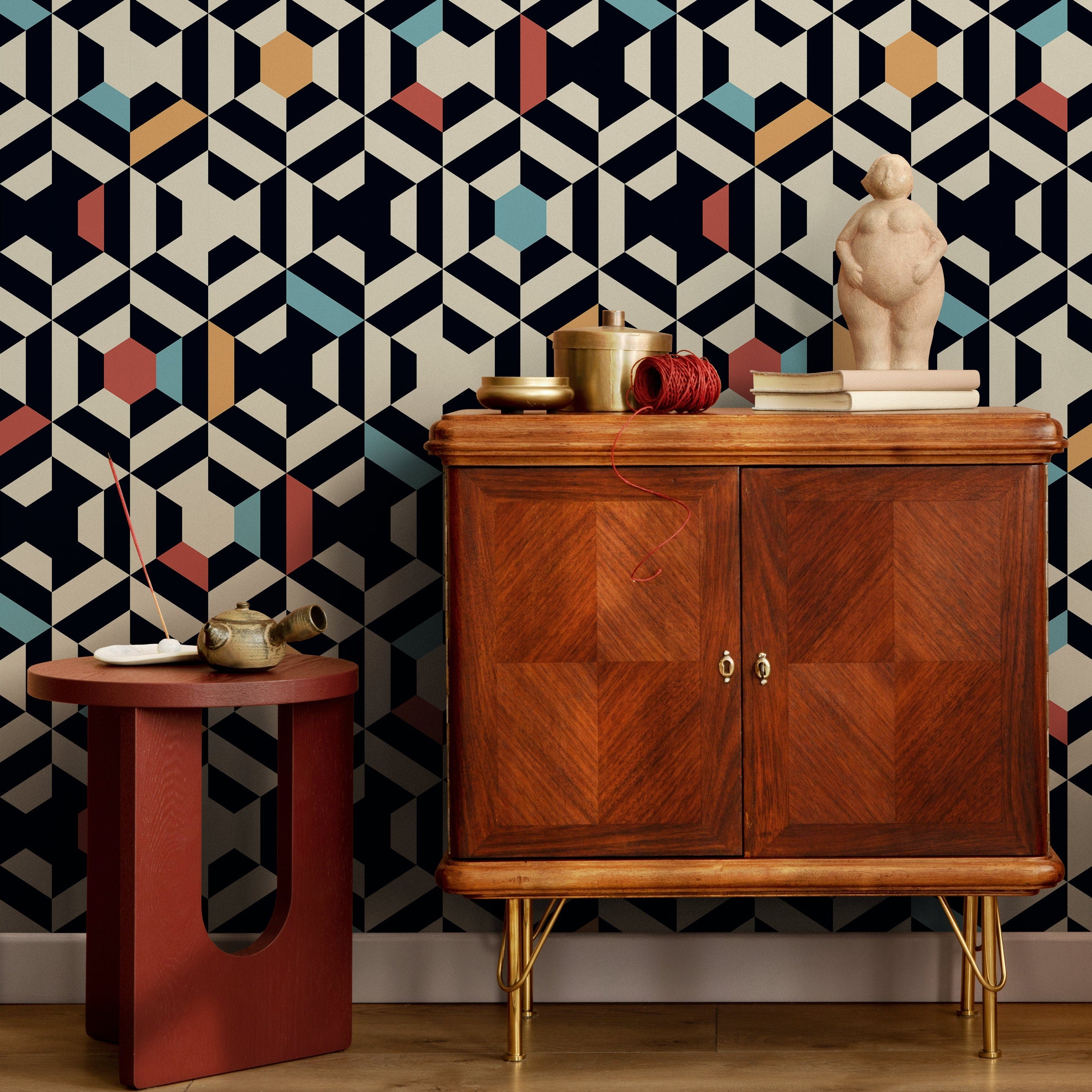 Geometric Wallpaper With A 3d Block Motif In Black, Blue, And Orange - A859