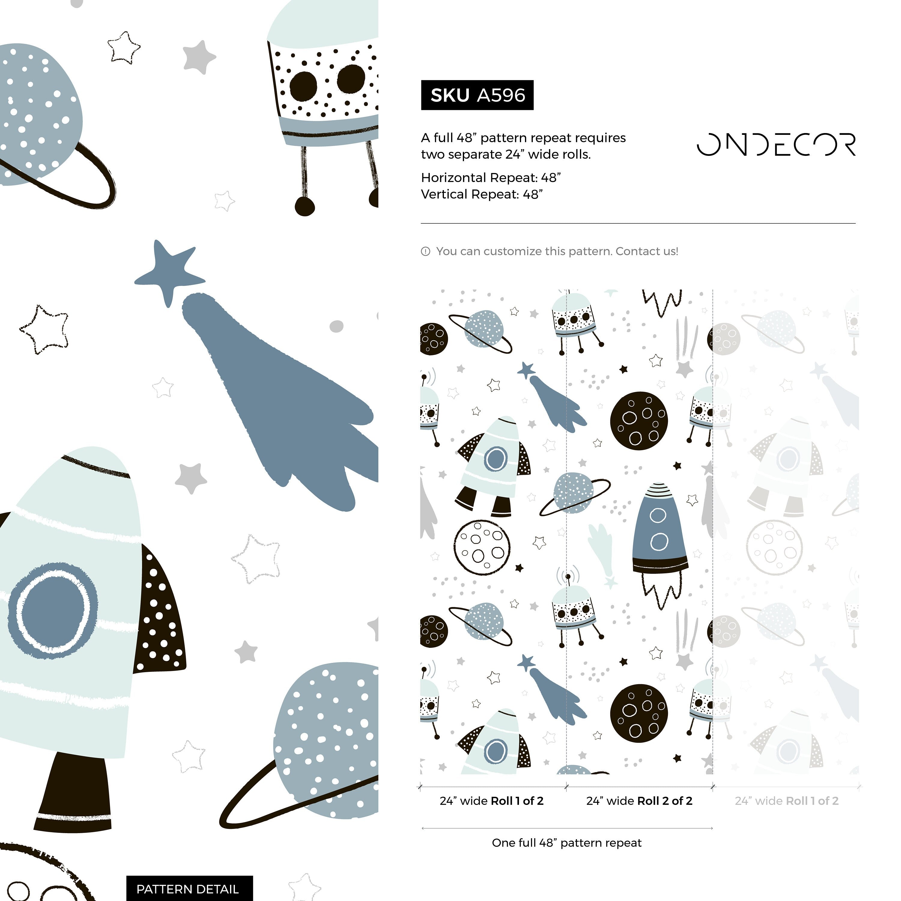 Space Wallpaper With Rockets, Planets, And Stars In Blue, Black, And Grey - A596