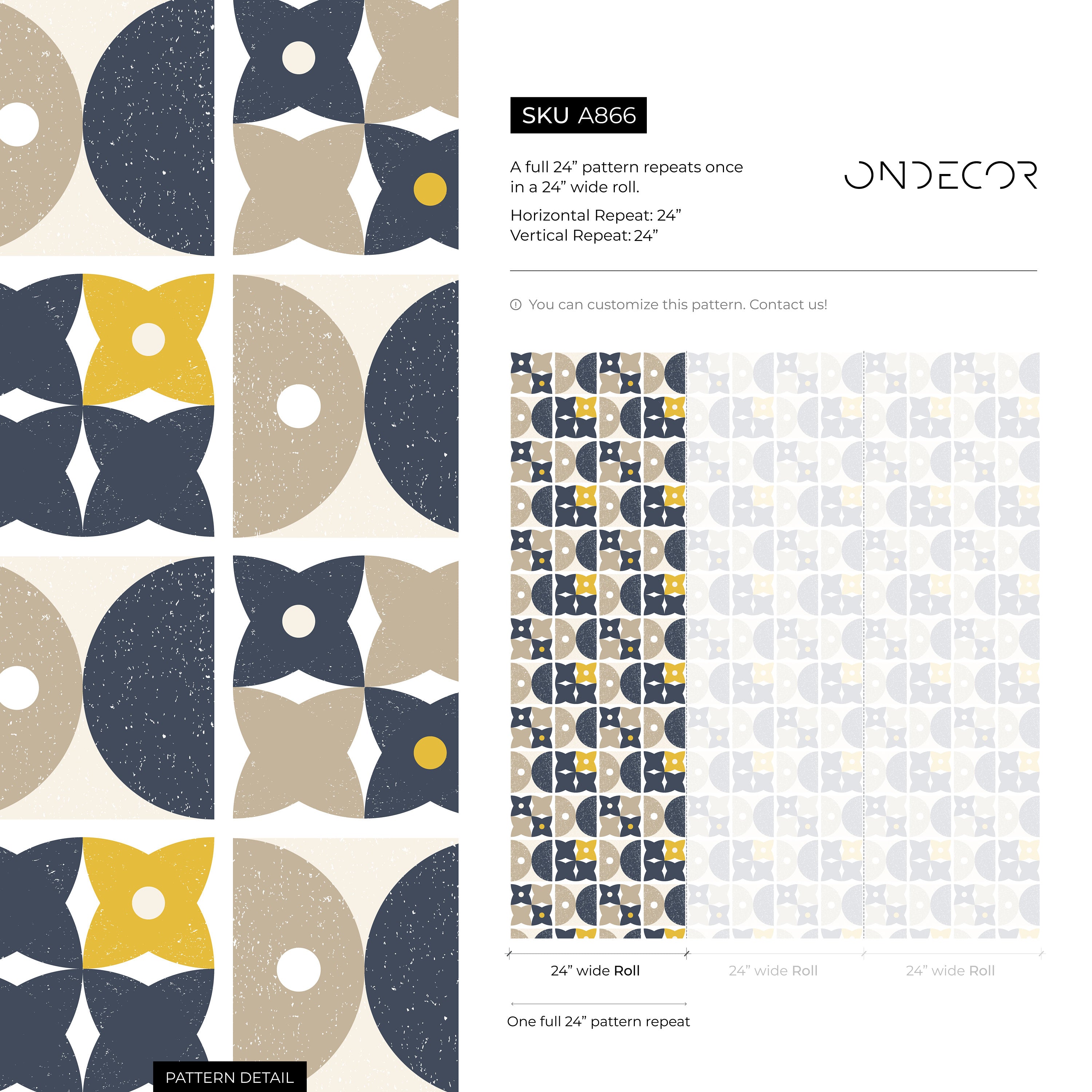 Geometric Wallpaper With A Retro Tiled Pattern In Navy Blue, Yellow, And Beige - A866