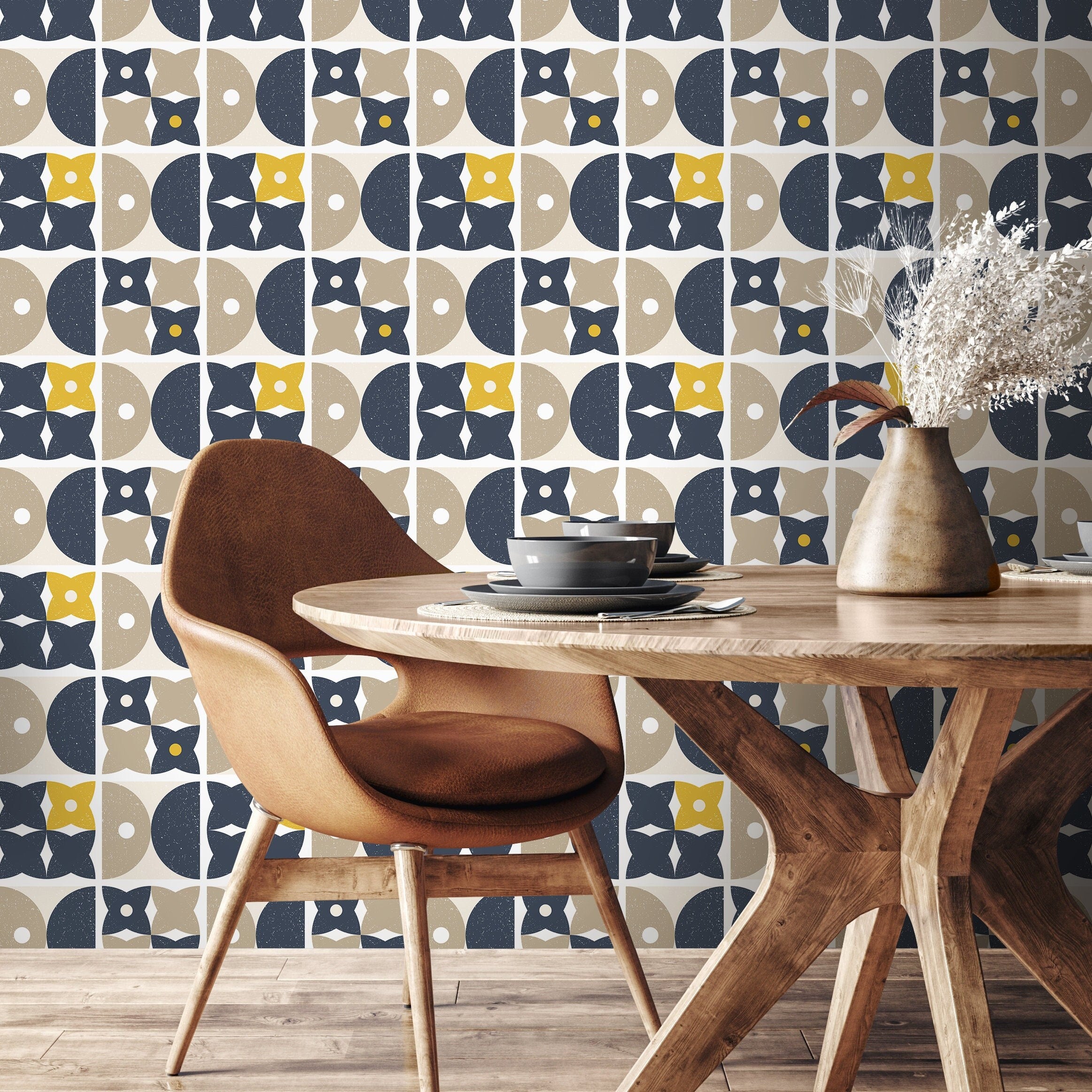 Geometric Wallpaper With A Retro Tiled Pattern In Navy Blue, Yellow, And Beige - A866
