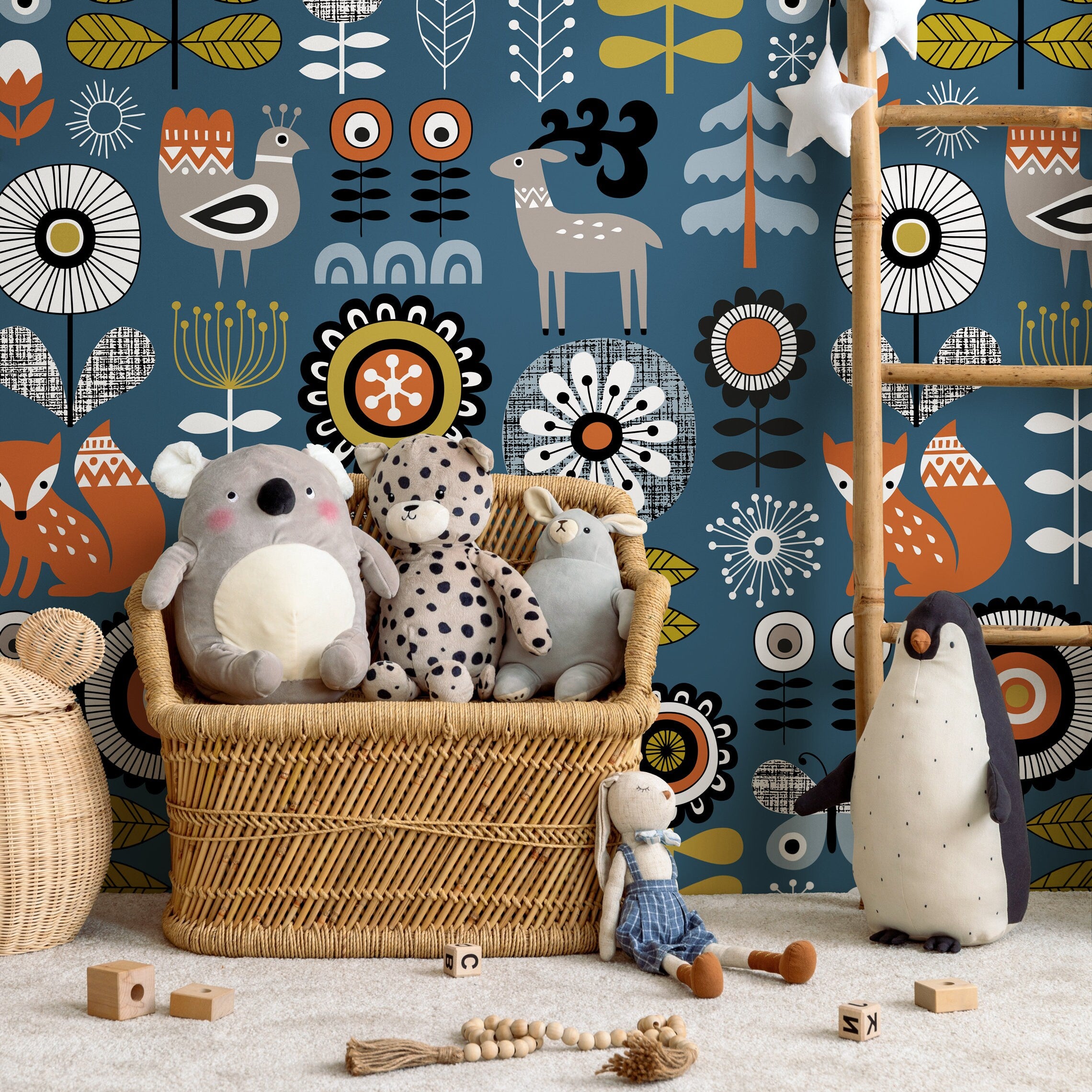 Scandinavian Wallpaper With Folk Art Woodland Animals In Blue And Orange - A867
