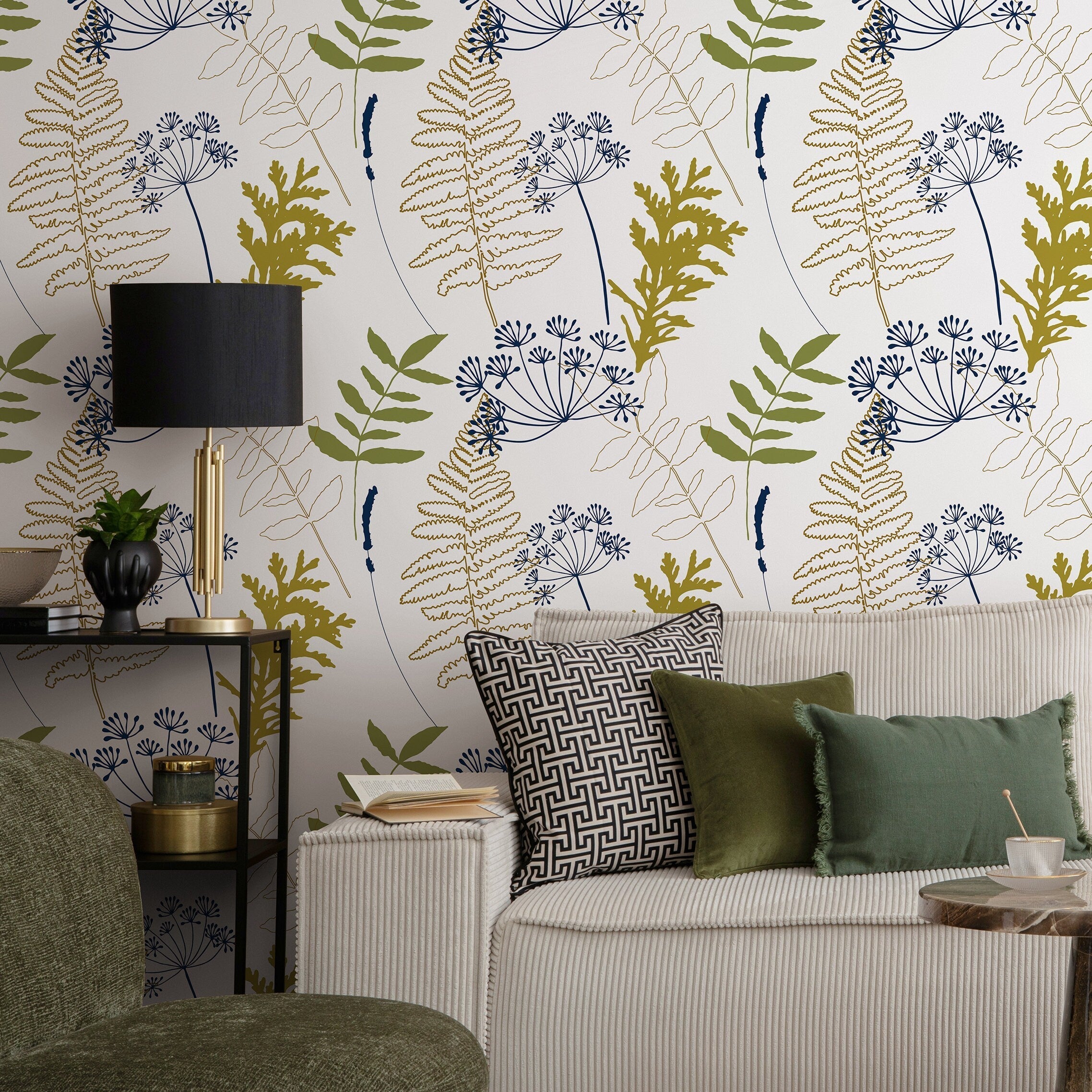 Botanical Wallpaper With Ferns And Wildflowers In Navy, Olive, And Gold - A870