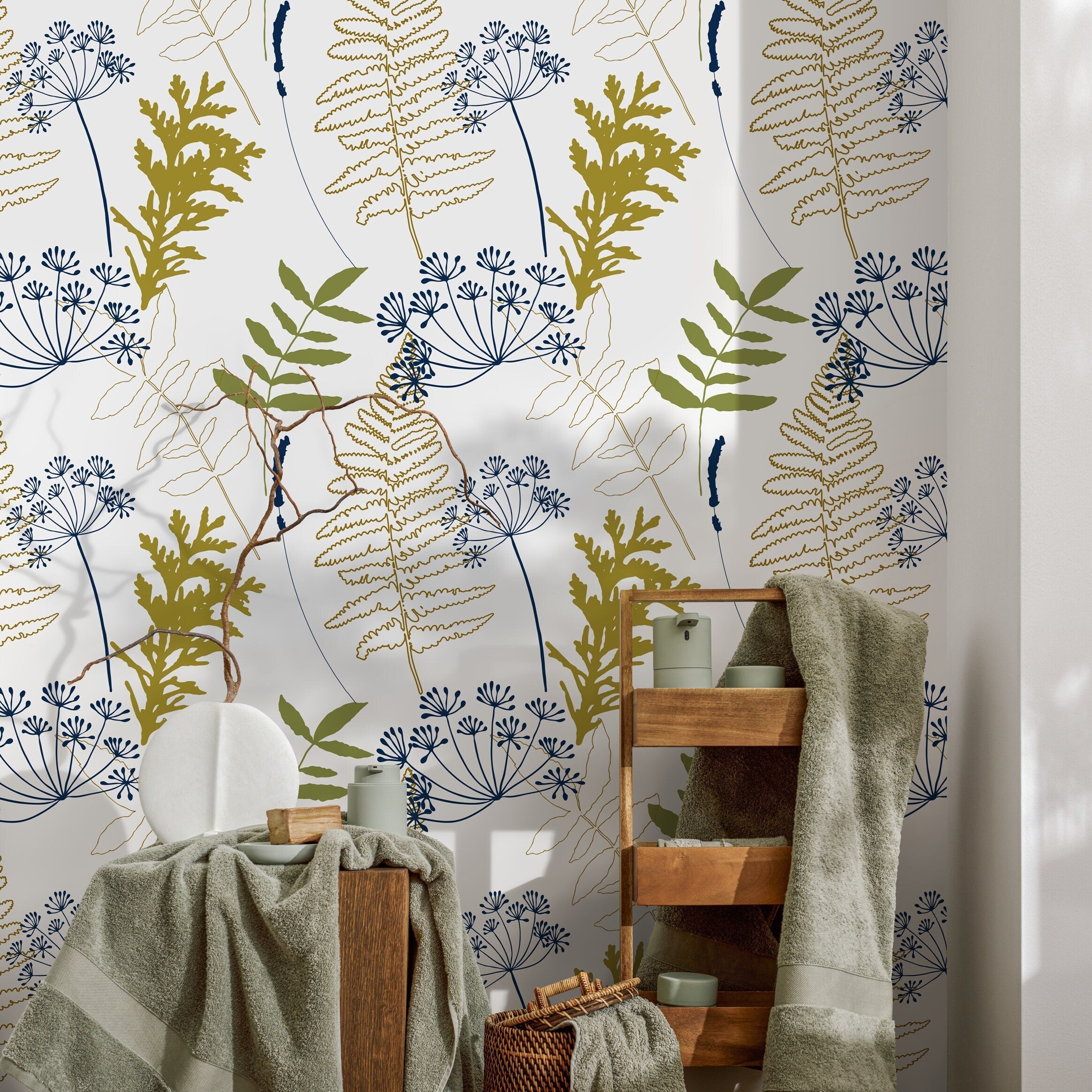 Botanical Wallpaper With Ferns And Wildflowers In Navy, Olive, And Gold - A870