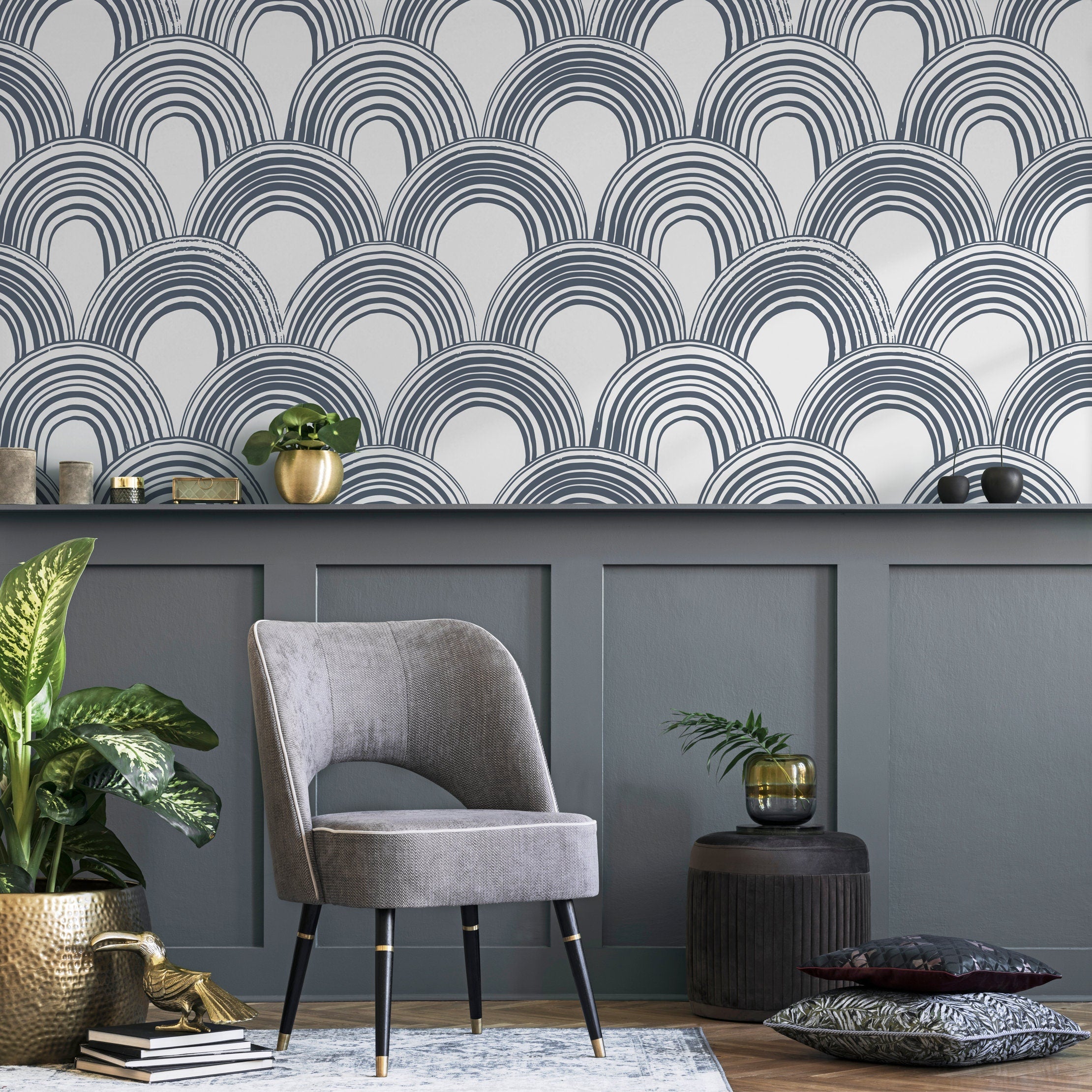 Geometric Wallpaper With A Hand-drawn Arch Pattern In Blue - A878