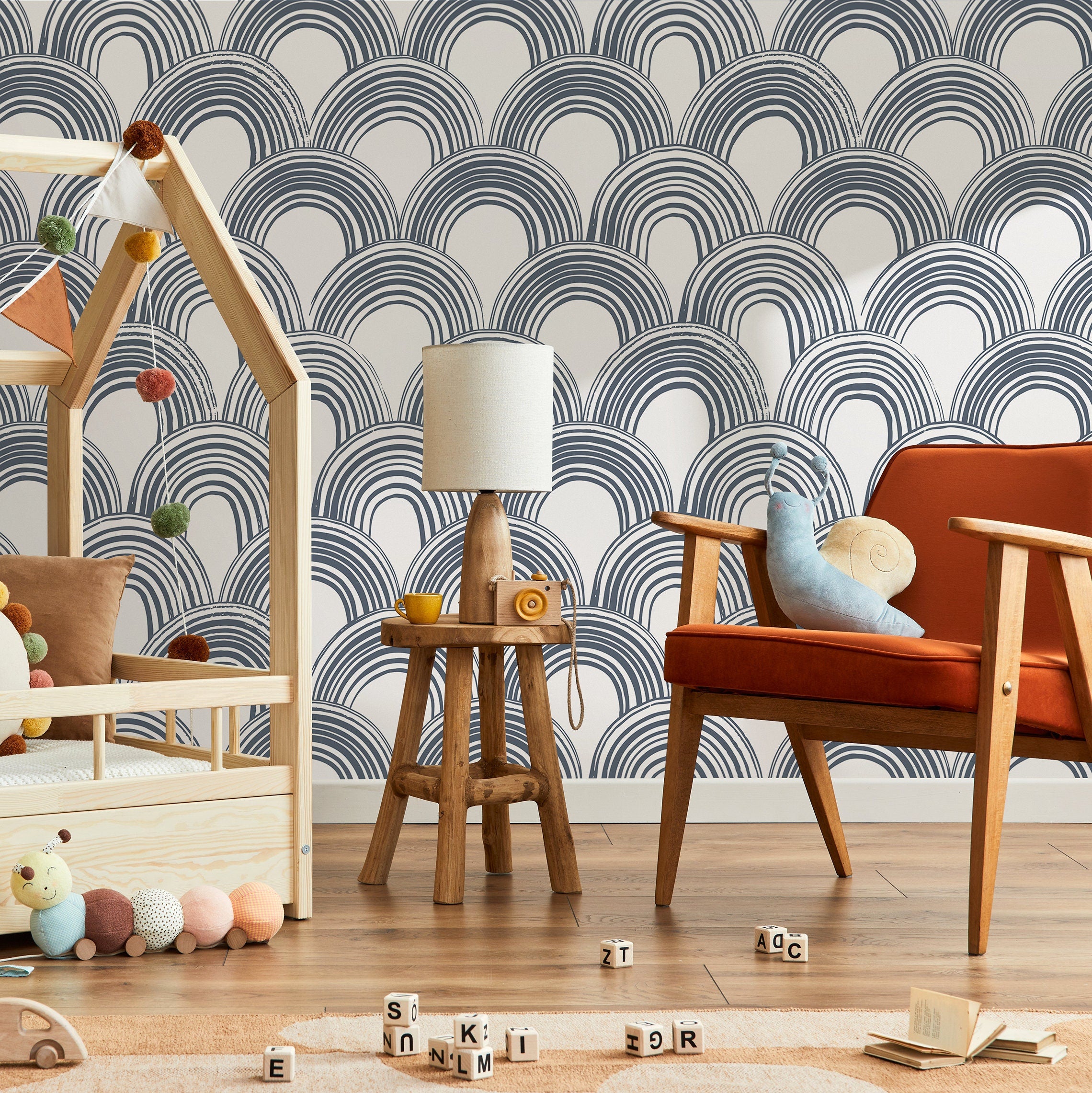 Geometric Wallpaper With A Hand-drawn Arch Pattern In Blue - A878