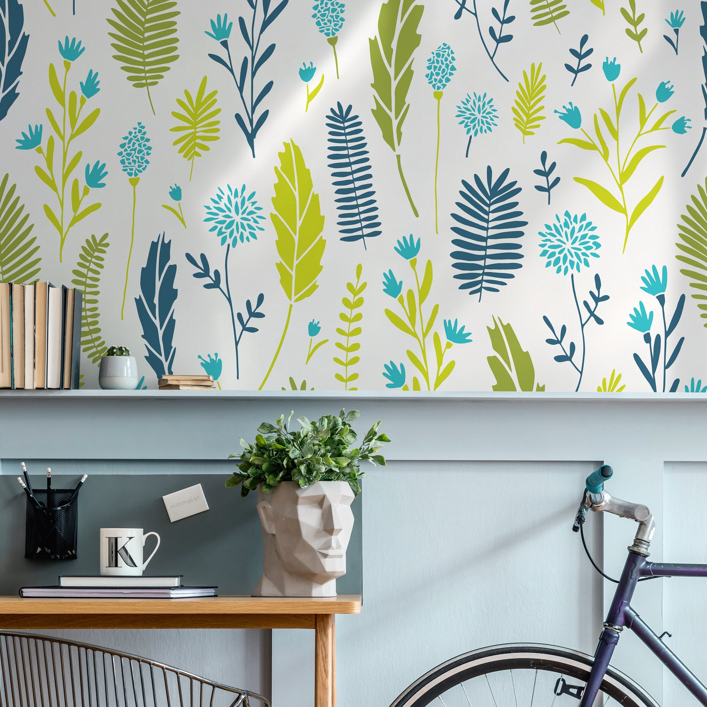 Botanical Wallpaper With Stylized Leaves In Green, Teal, And Blue - A879