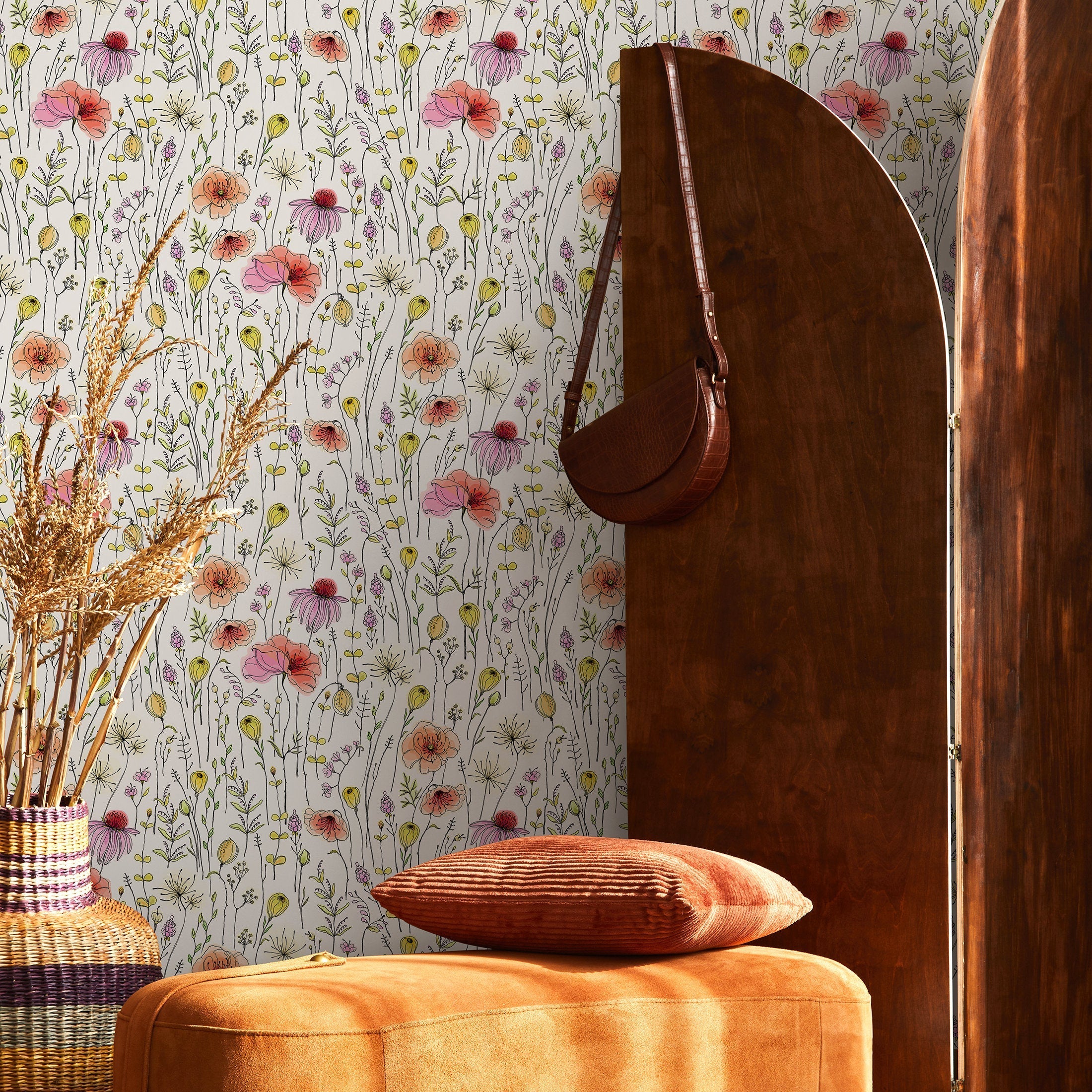 Floral Wallpaper With A Wildflower Meadow In Pink, Peach, And Yellow - B018