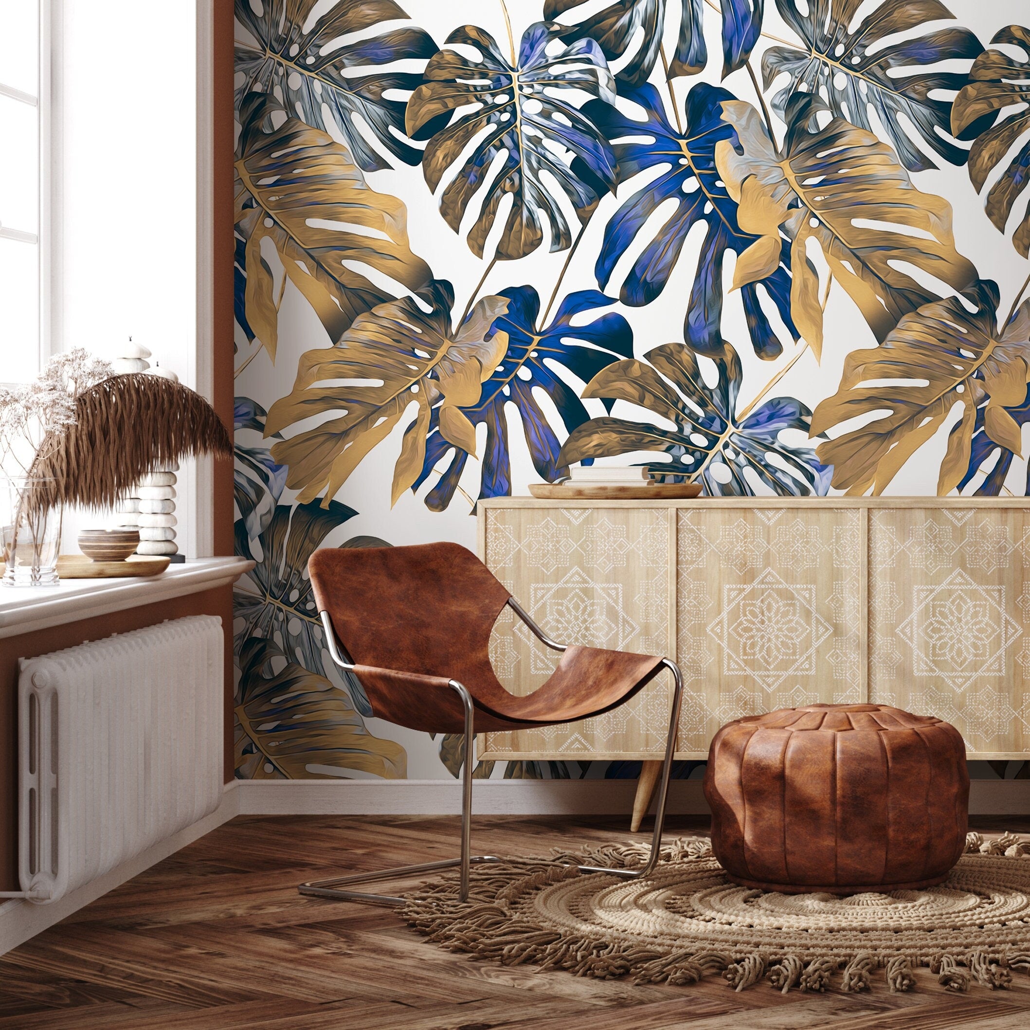 Botanical Wallpaper Featuring Bold Monstera Leaves In Gold And Blue - B019