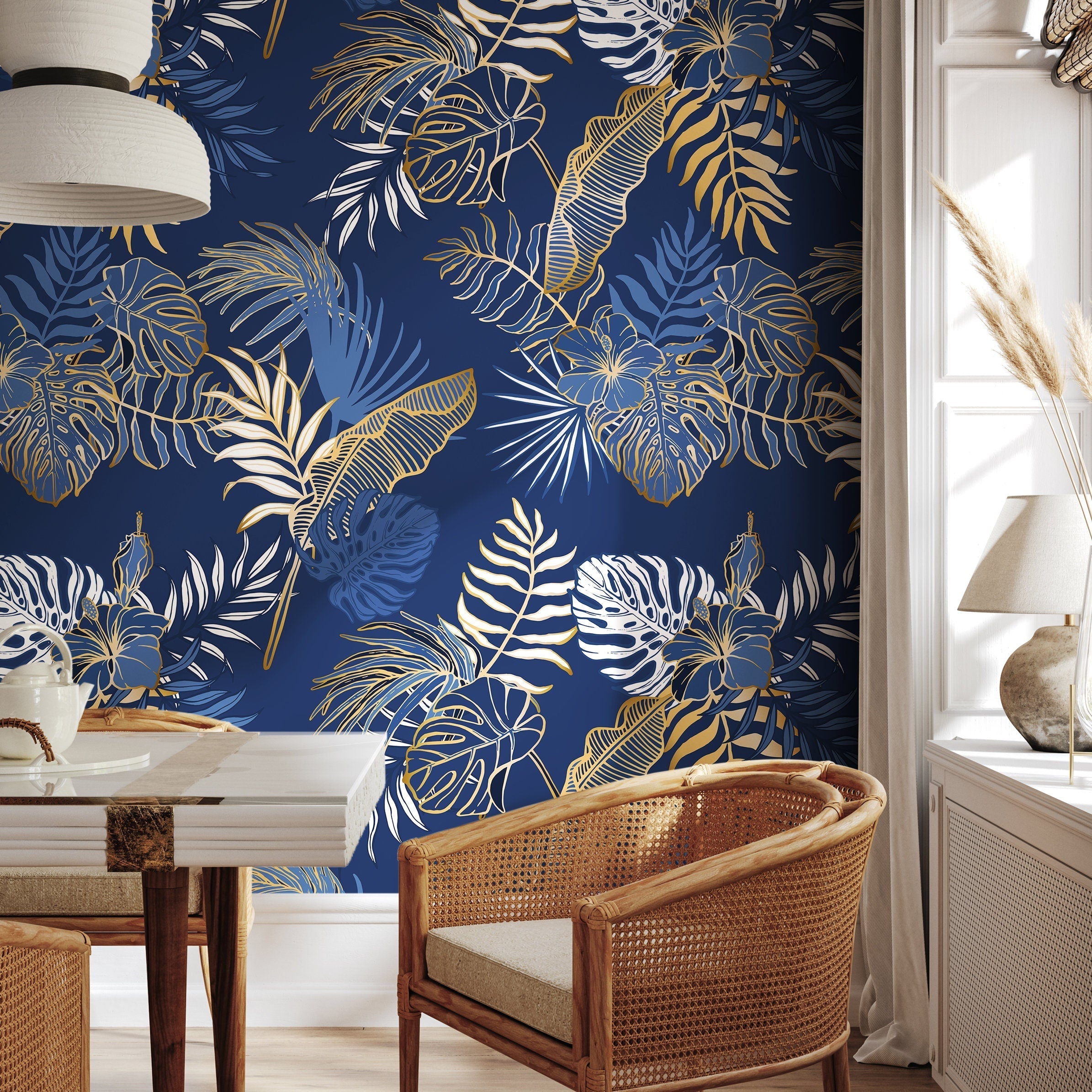 Tropical Wallpaper With Stylized Leaves And Hibiscus In Blue, White, And Gold - B024