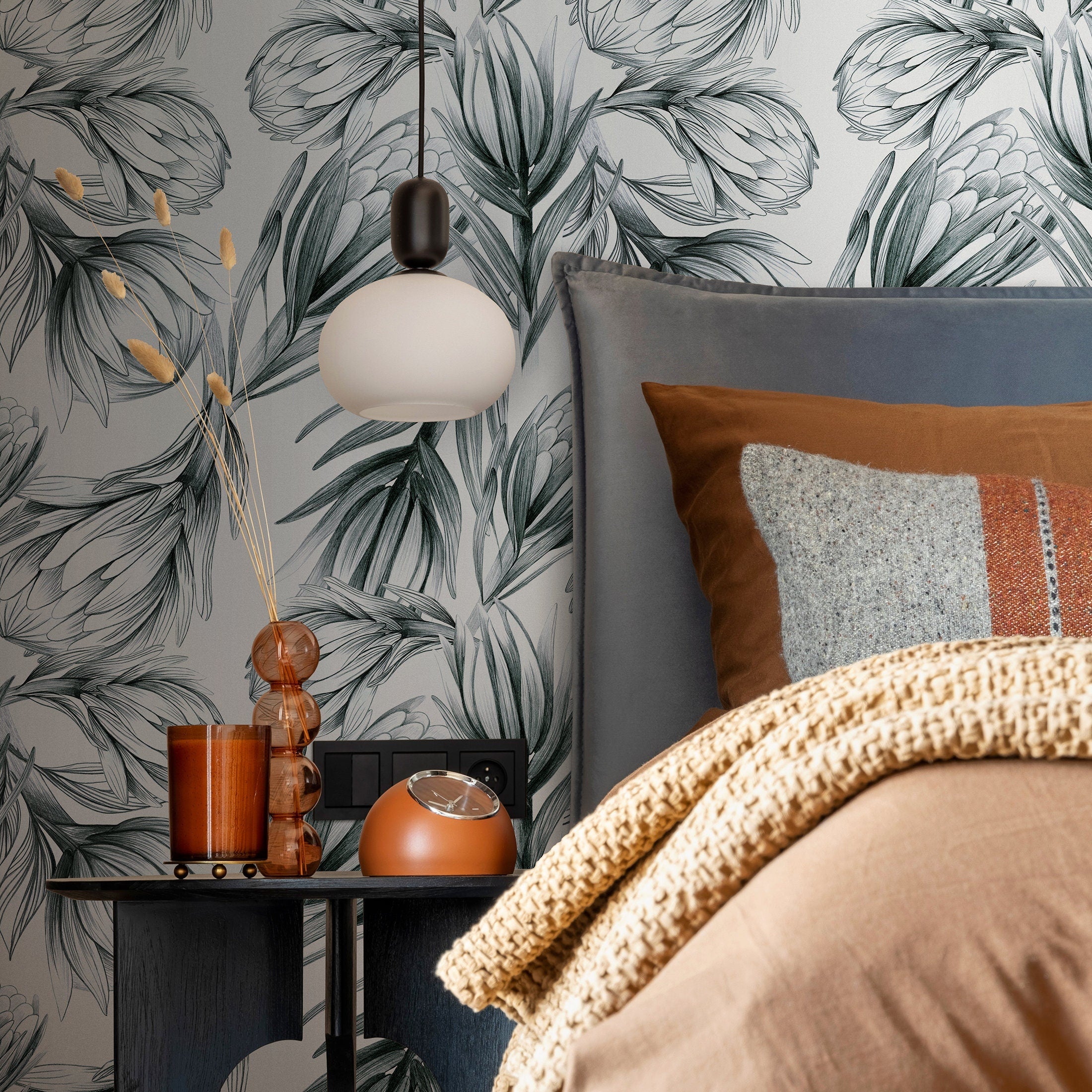Floral Wallpaper With Hand-drawn Protea Flowers In Dark Green And Grey - B025