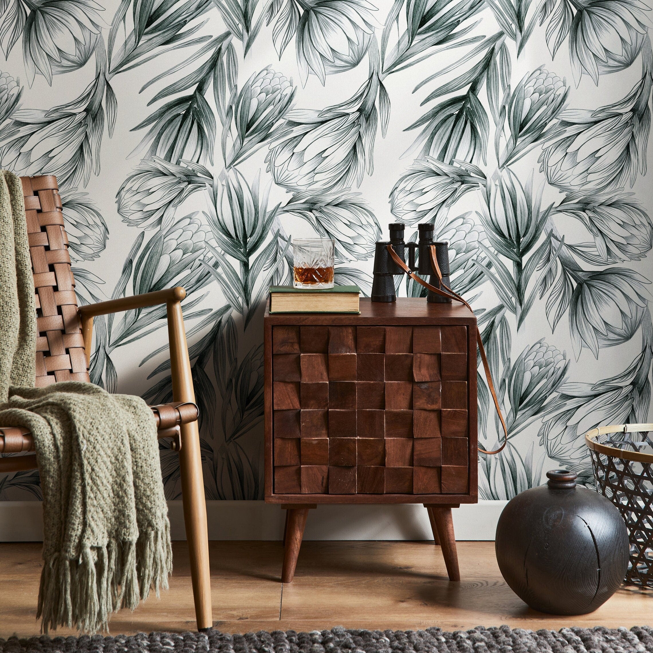 Floral Wallpaper With Hand-drawn Protea Flowers In Dark Green And Grey - B025