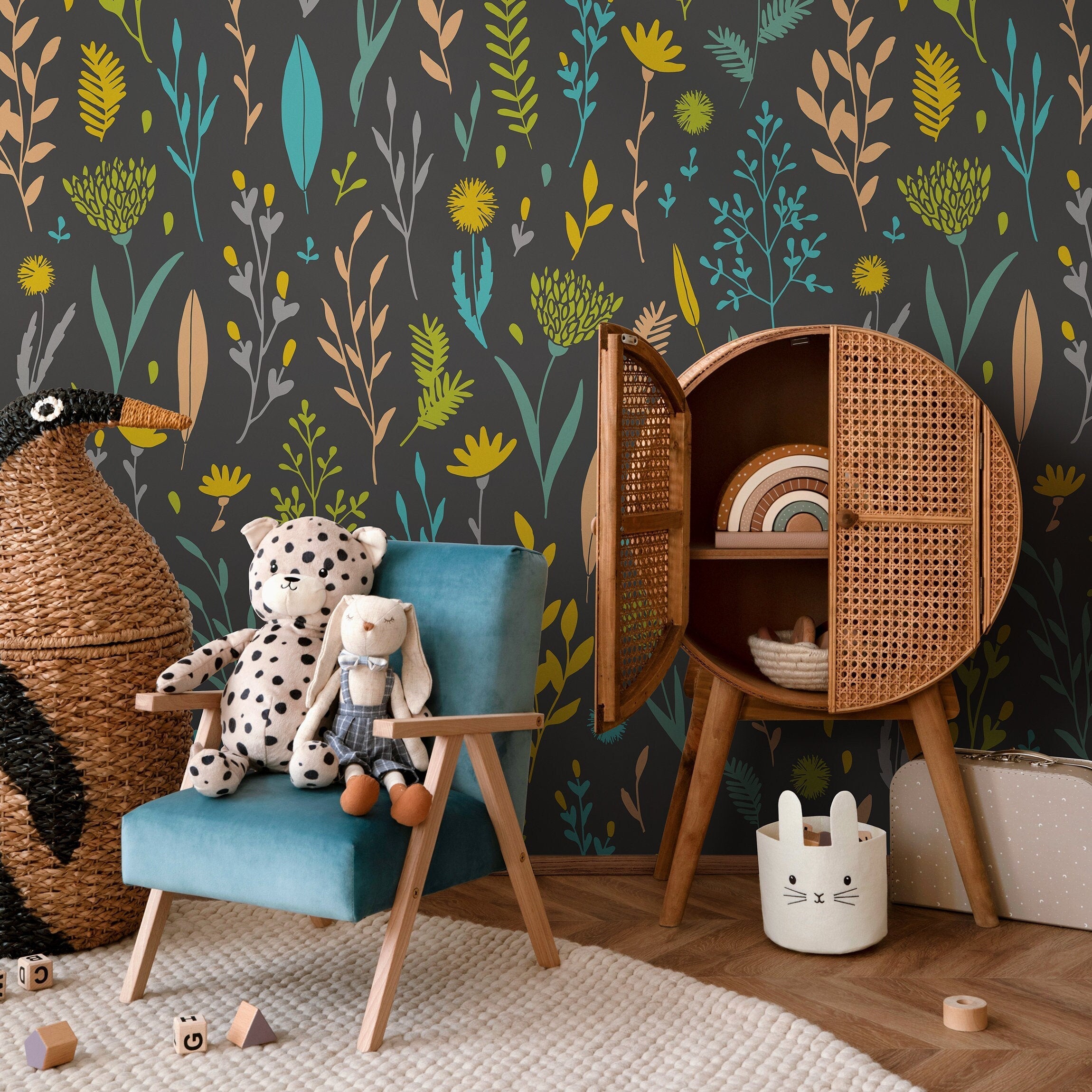 Botanical Wallpaper With Stylized Wildflowers In Teal, Yellow, And Gray - A880