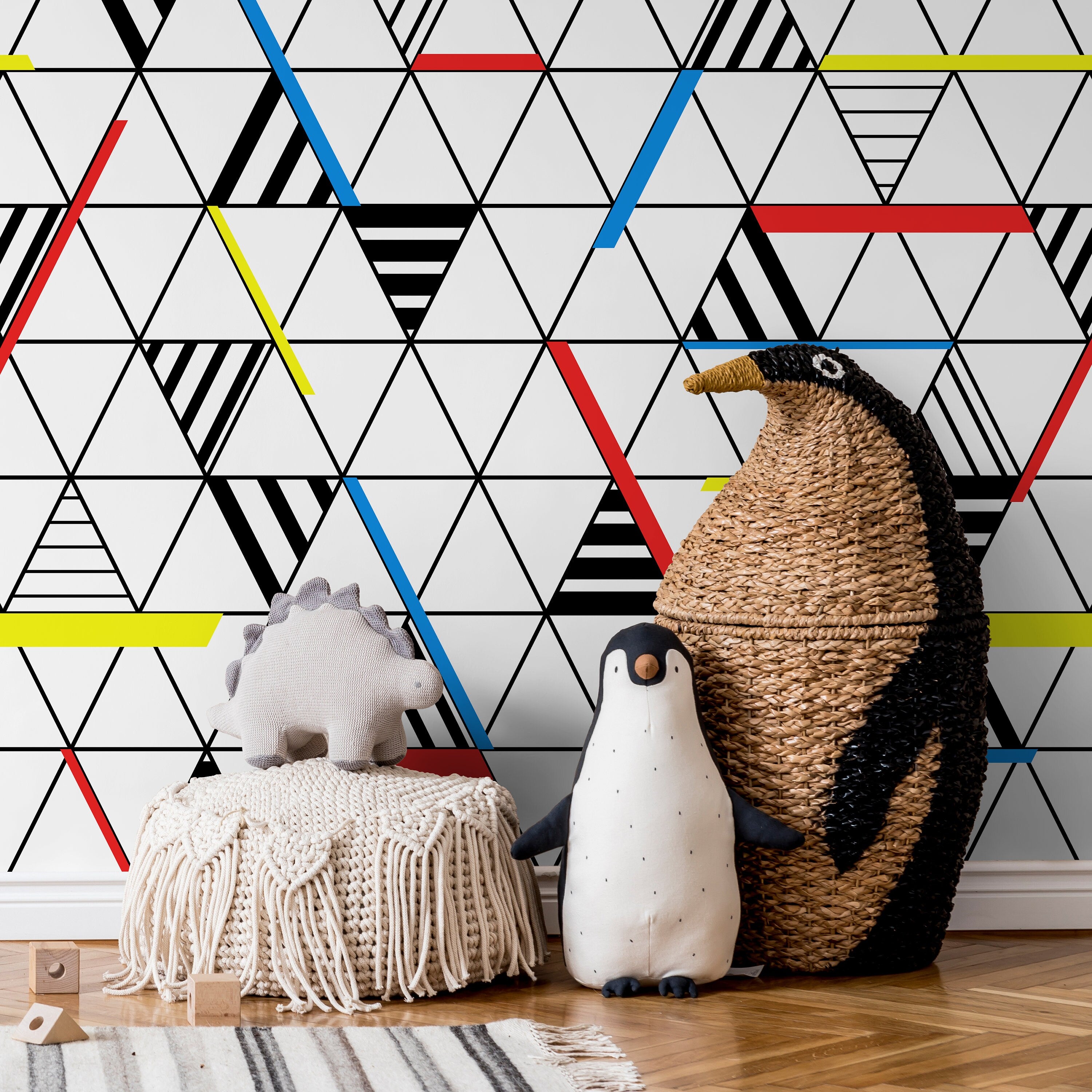 Geometric Wallpaper With A Triangle Grid In Red, Blue, And Yellow - A894