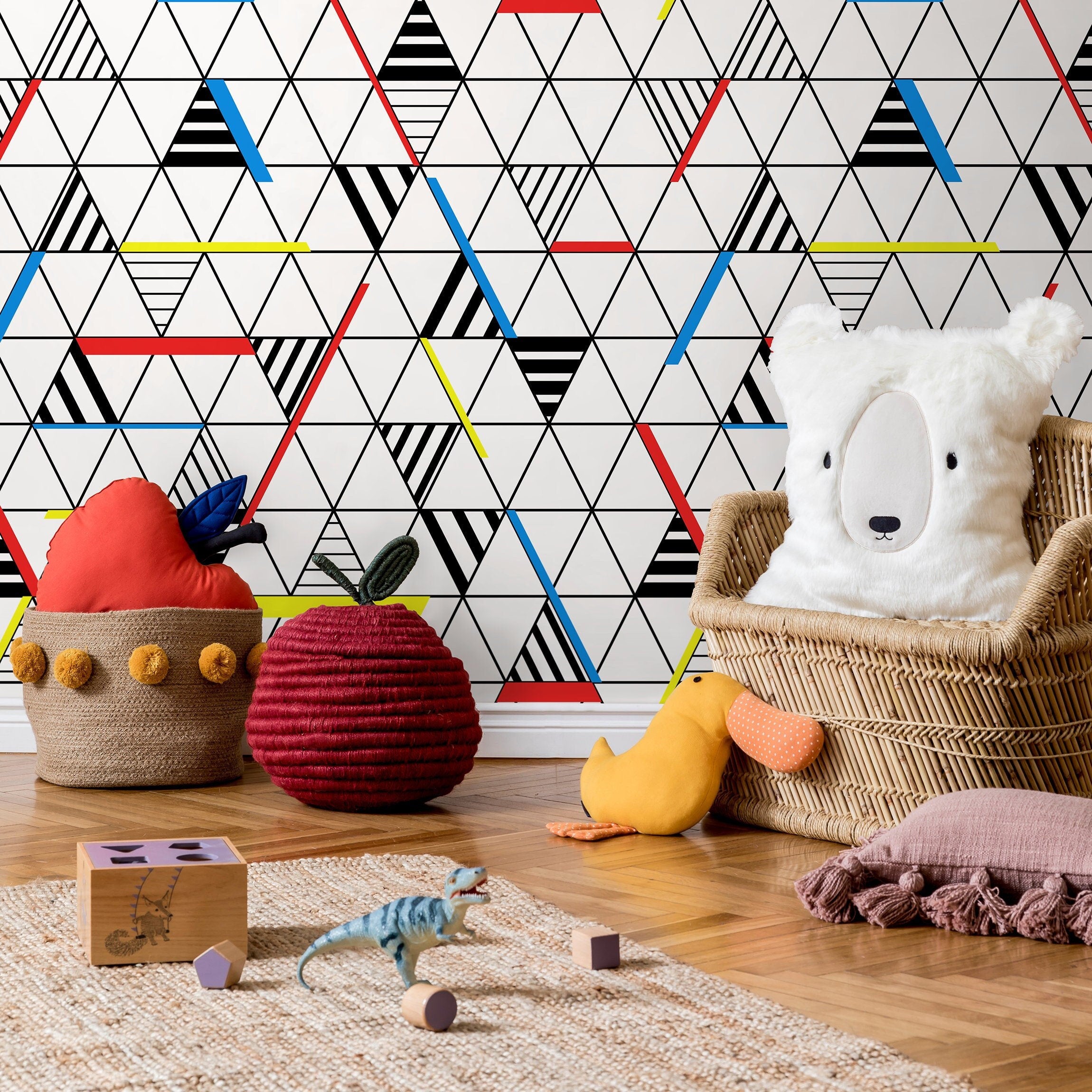 Geometric Wallpaper With A Triangle Grid In Red, Blue, And Yellow - A894