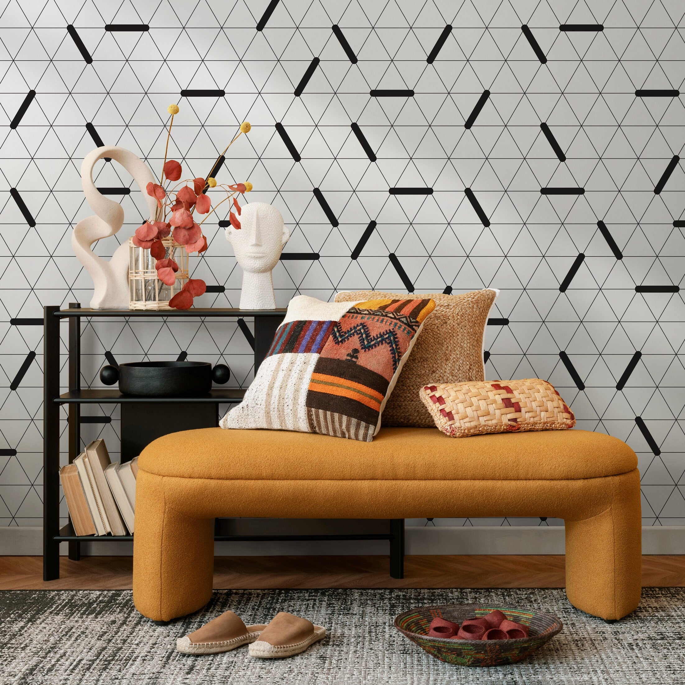 Geometric Wallpaper With A Modern Triangle Motif In Black And White - B083