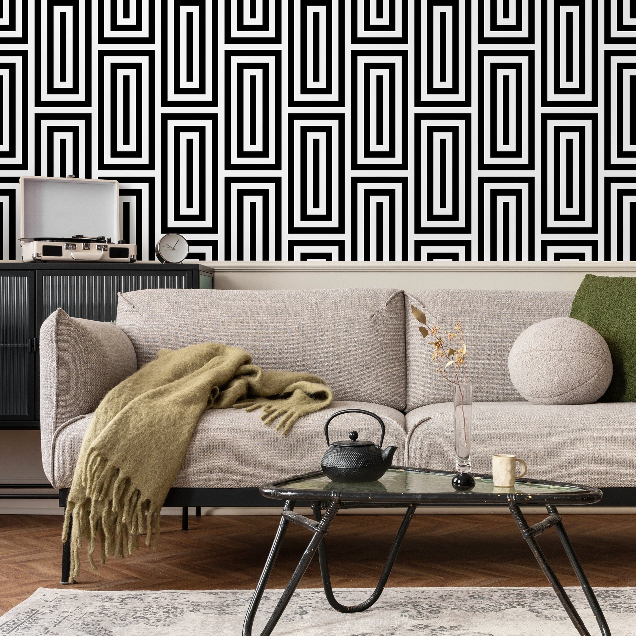 Geometric Wallpaper With Interlocking Rectangles In Black And White - B098