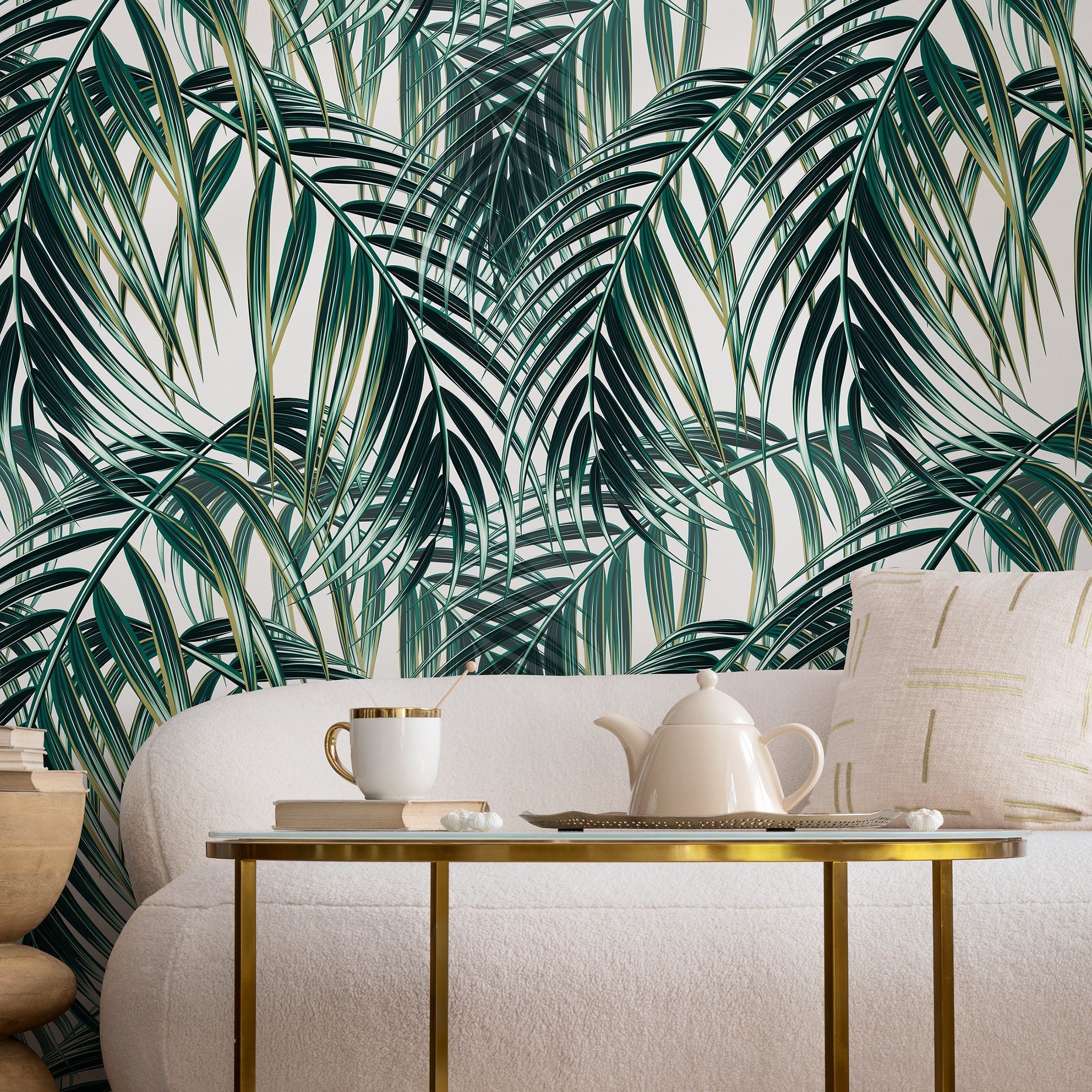 Botanical Wallpaper With Layered Palm Leaves In Green And Cream - A901