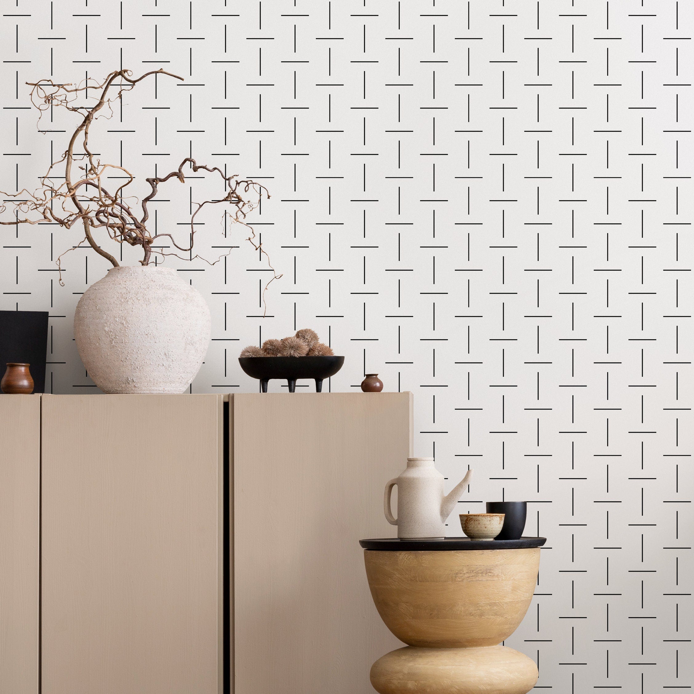Geometric Wallpaper With An Interlocking Line Pattern In Black And Gray - B103