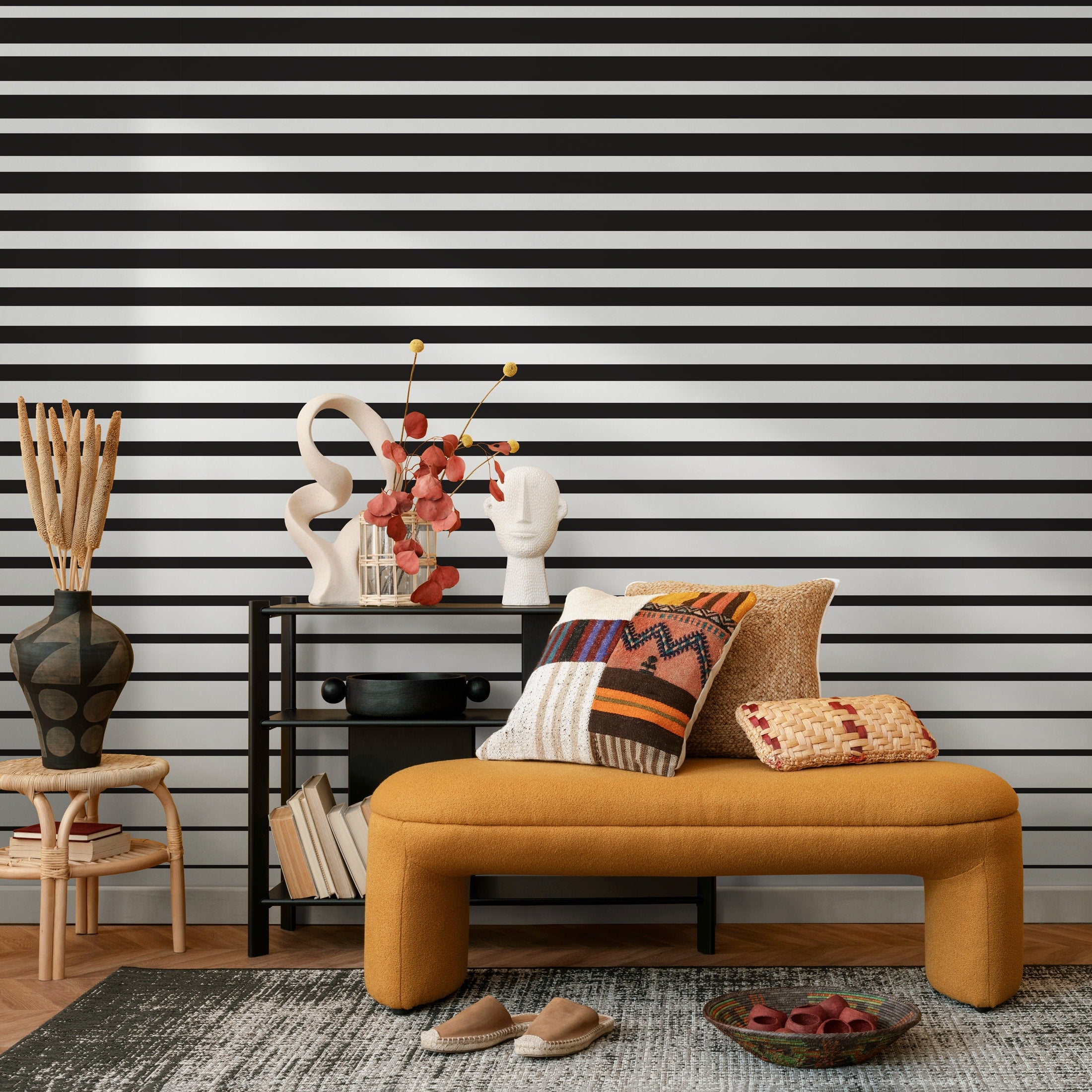 Striped Wallpaper With Bold Horizontal Lines In Black And White - B112