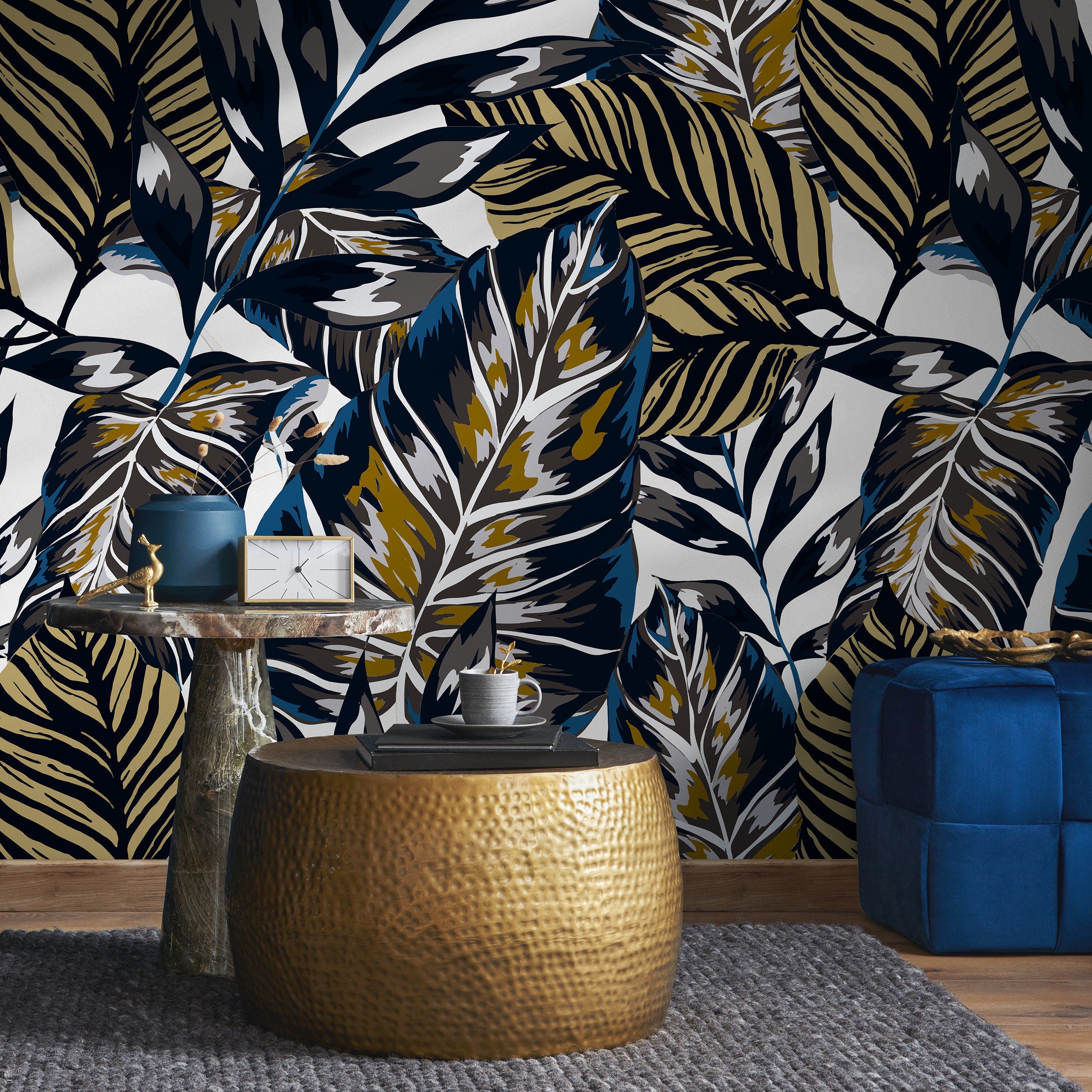 Botanical Wallpaper Featuring Bold Tropical Leaves In Blue, Gold, And Grey - B134