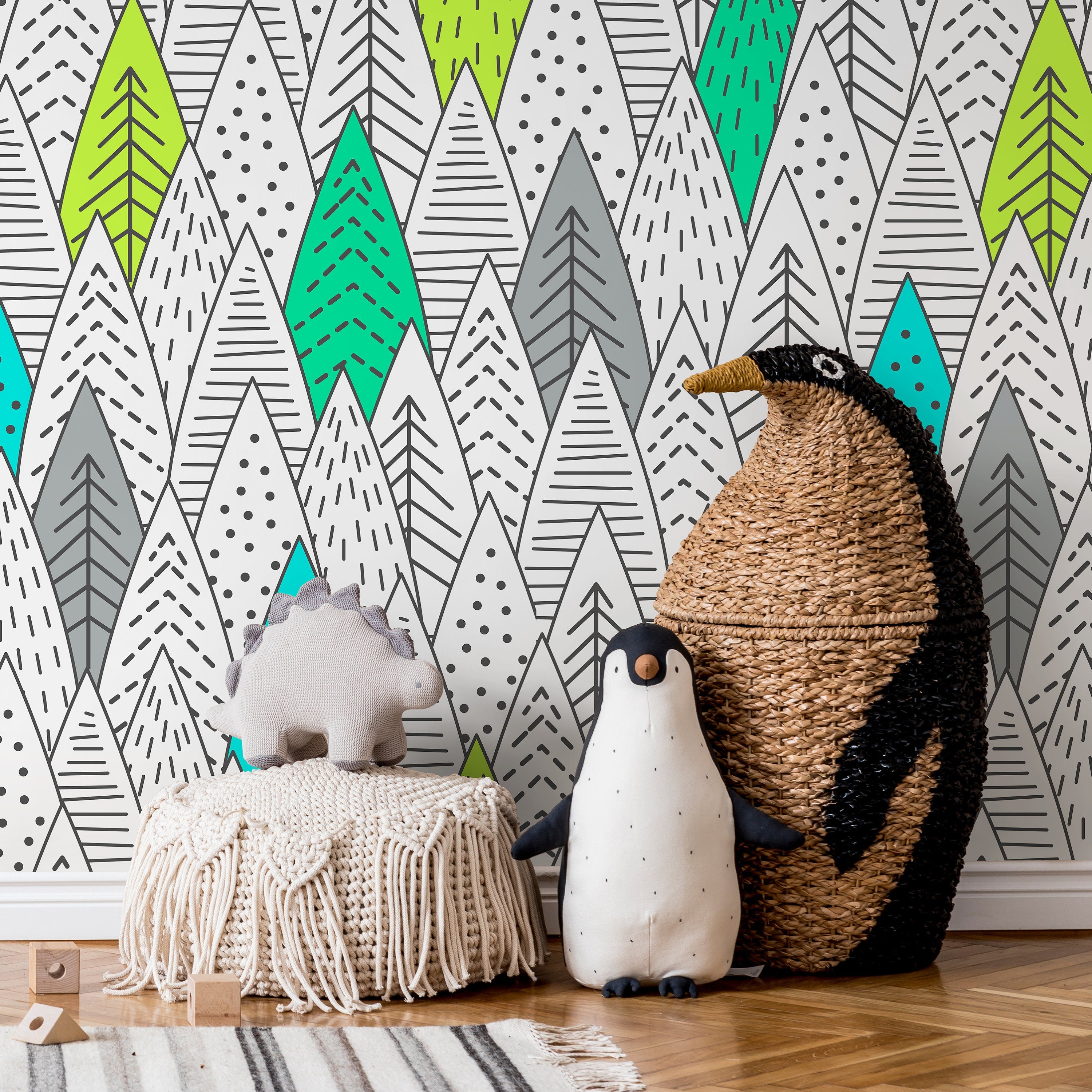 Scandinavian Wallpaper With A Hand-drawn Tree Pattern In Green, Teal, And Grey - A906
