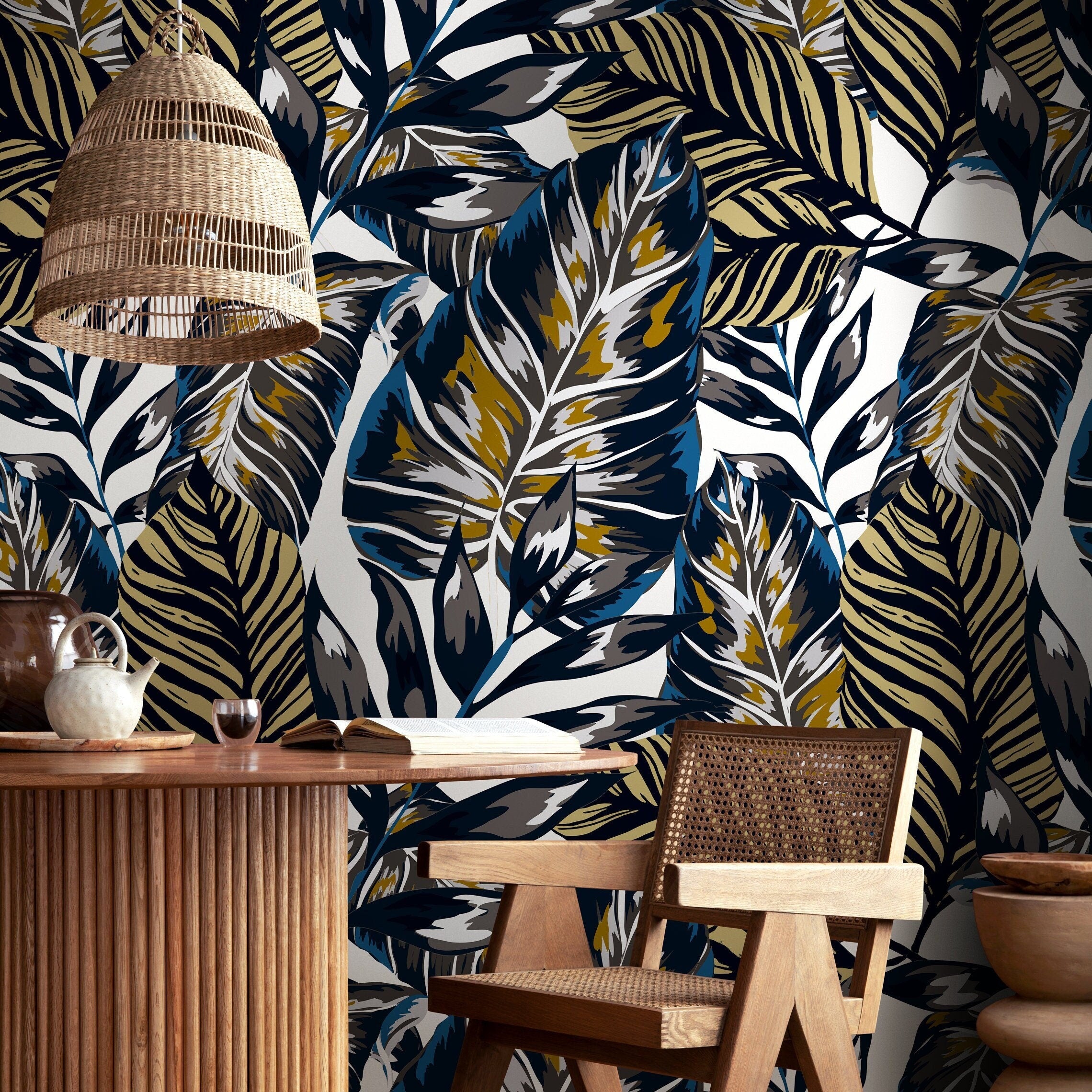 Botanical Wallpaper Featuring Bold Tropical Leaves In Blue, Gold, And Grey - B134