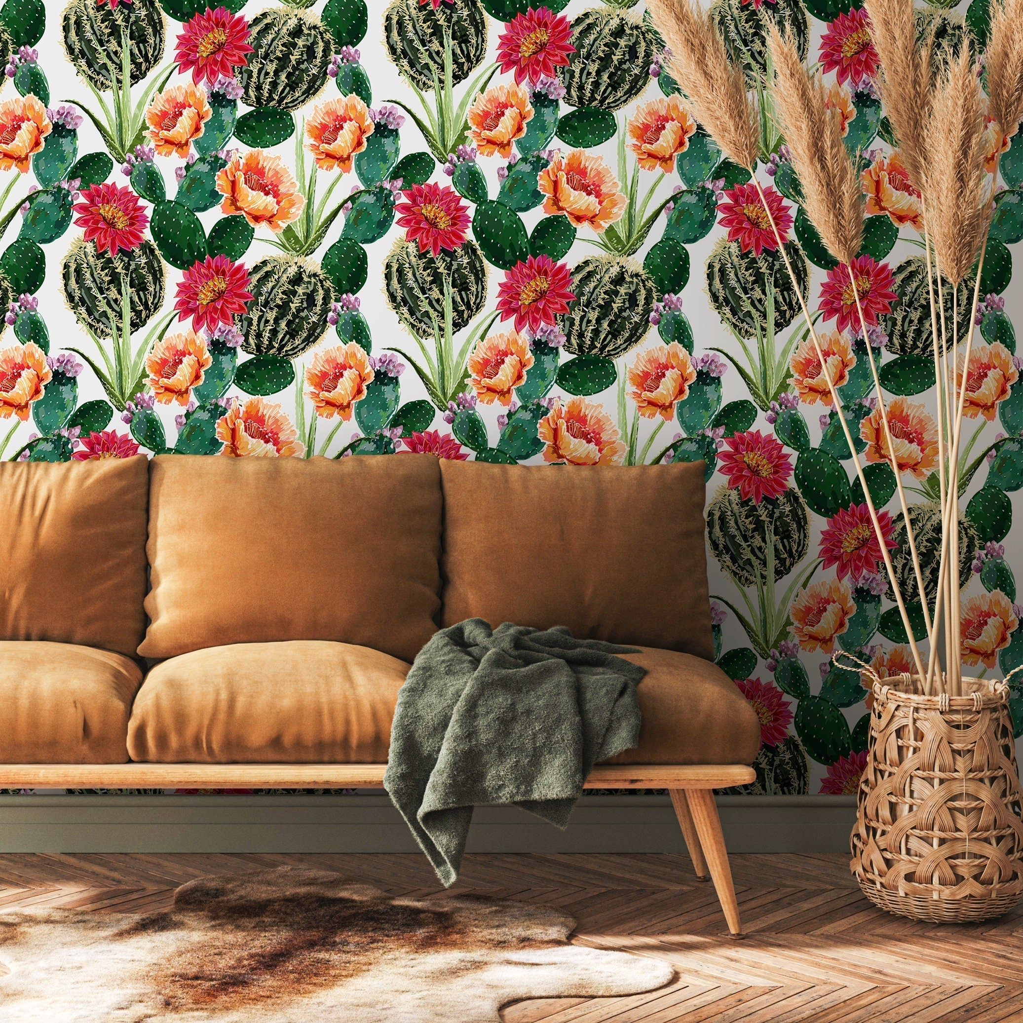 Botanical Wallpaper Featuring Flowering Cacti In Green, Pink, And Orange - A911