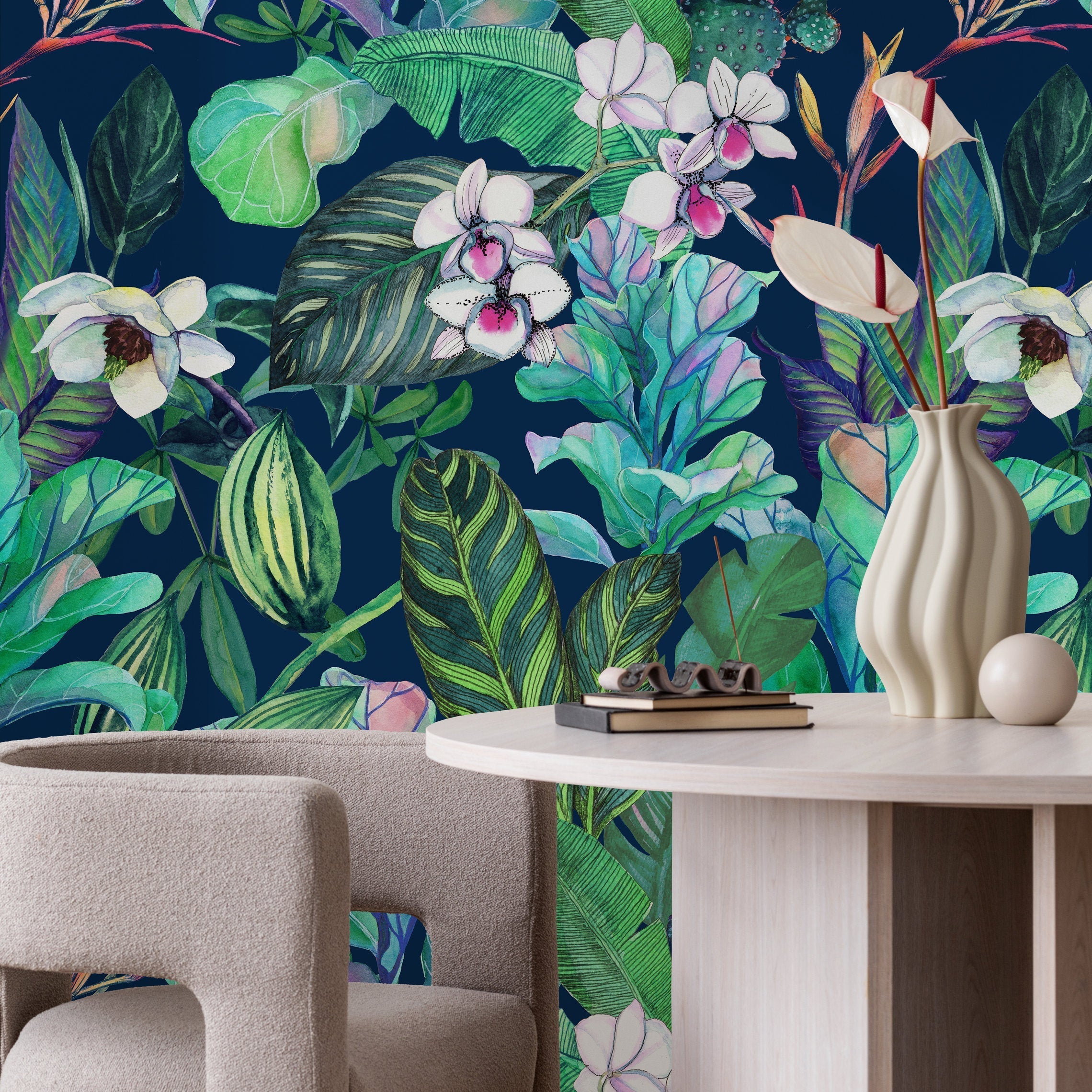 Tropical Wallpaper With Orchids And Jungle Leaves In Navy, Green, And Pink - B141