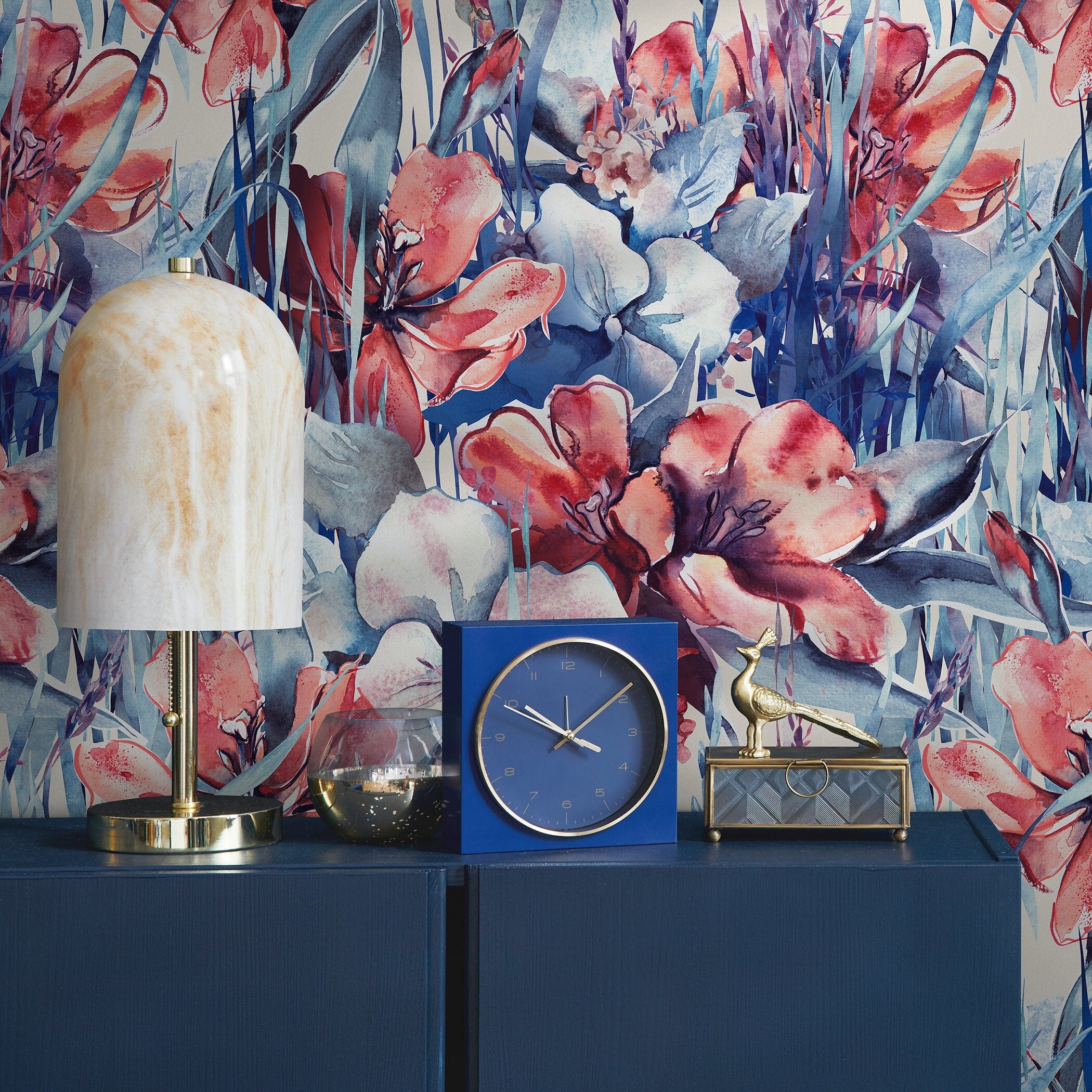 Floral Wallpaper With A Watercolor Style In Blue, Coral, And Red - B160