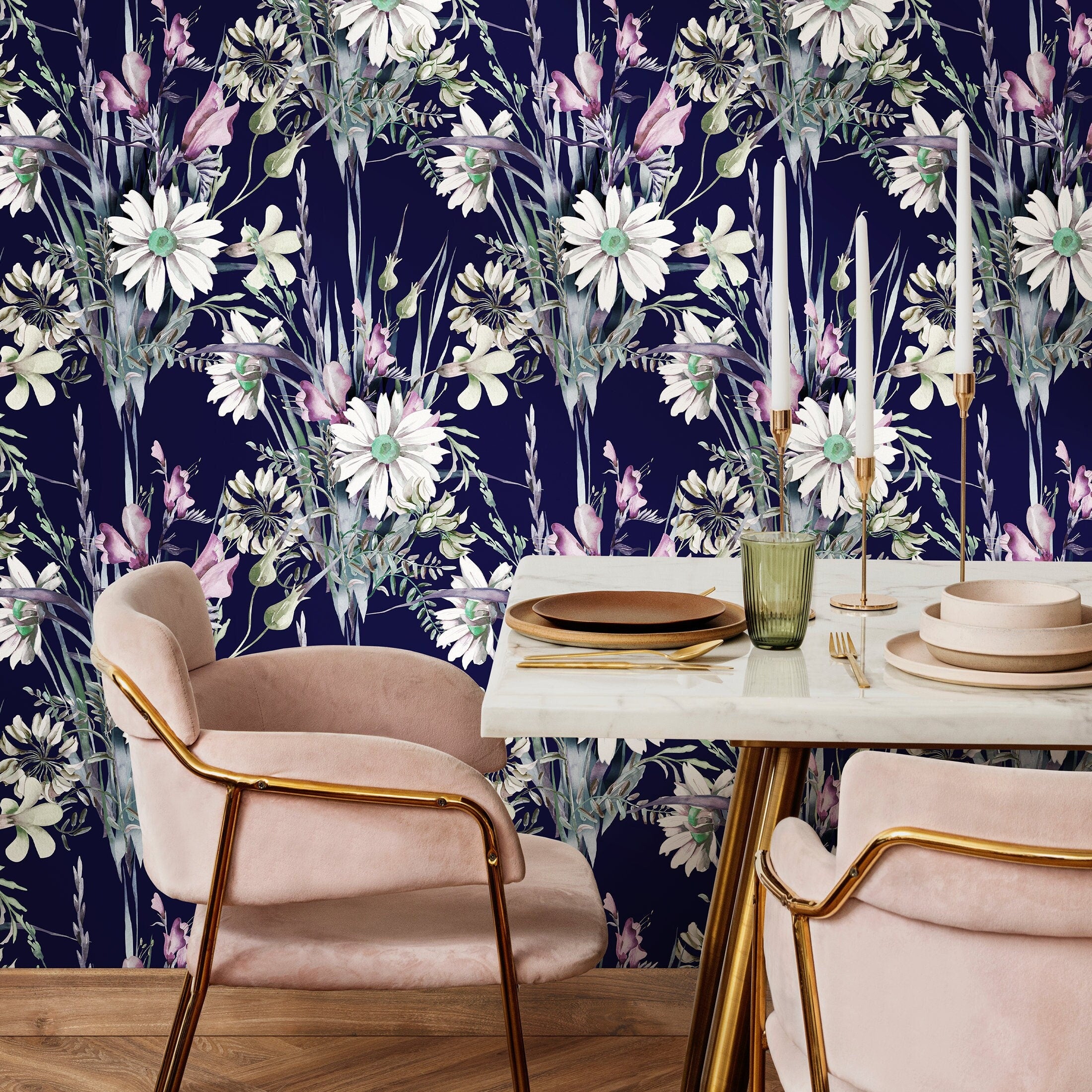 Floral Wallpaper With Watercolor Wildflowers In Navy Blue, Pink, And Green - B161