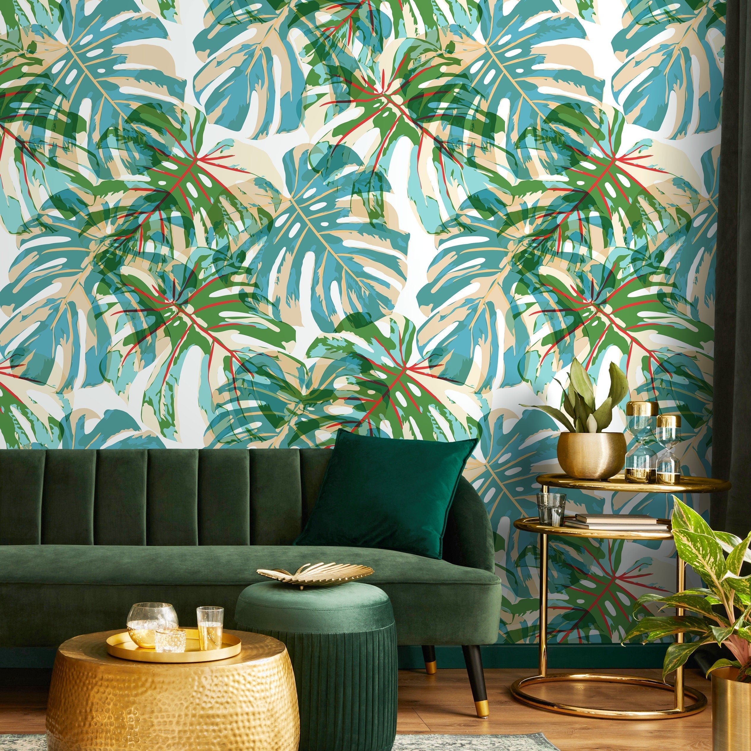 Tropical Wallpaper With Pop Art Monstera Leaves In Green, Blue, And Red - B174
