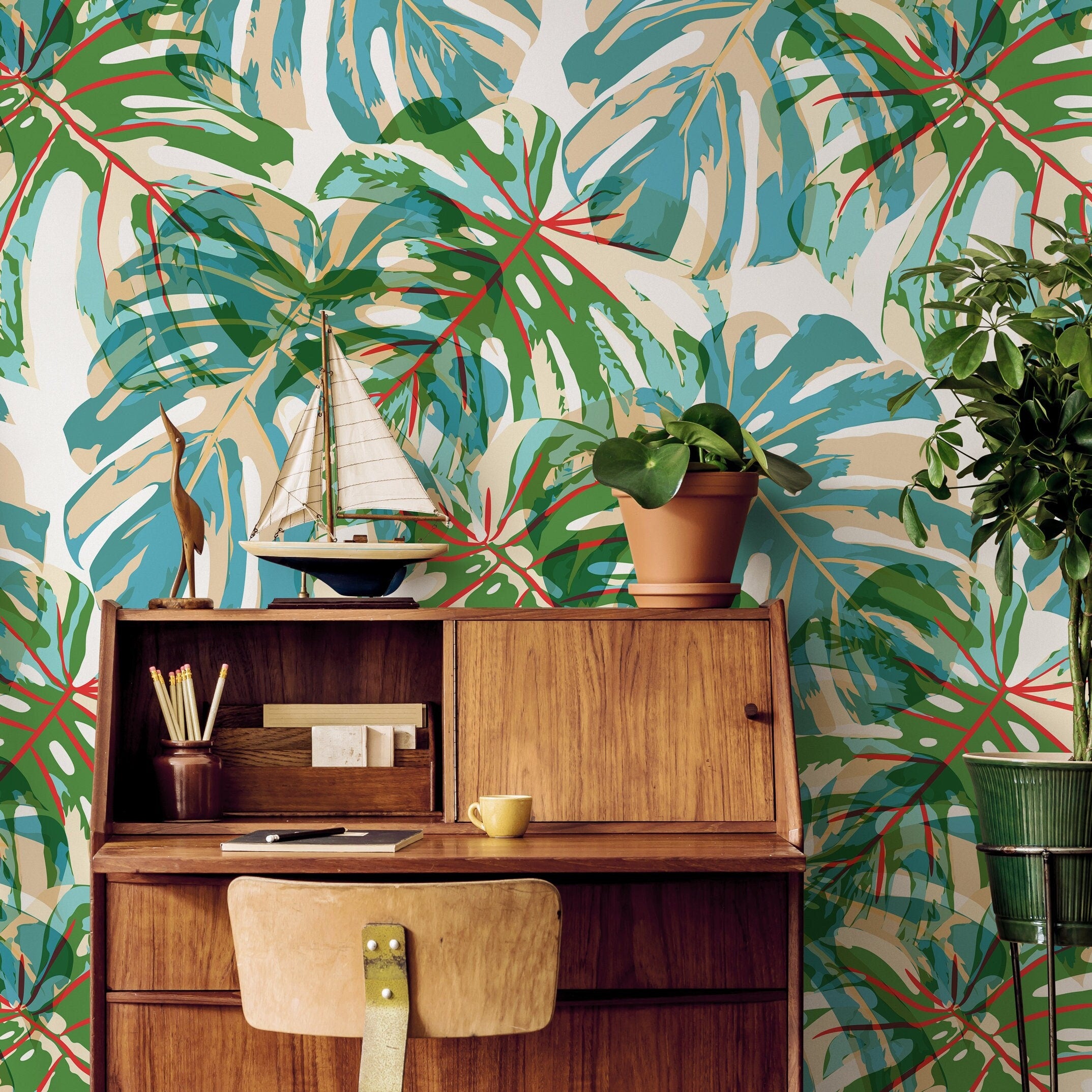 Tropical Wallpaper With Pop Art Monstera Leaves In Green, Blue, And Red - B174