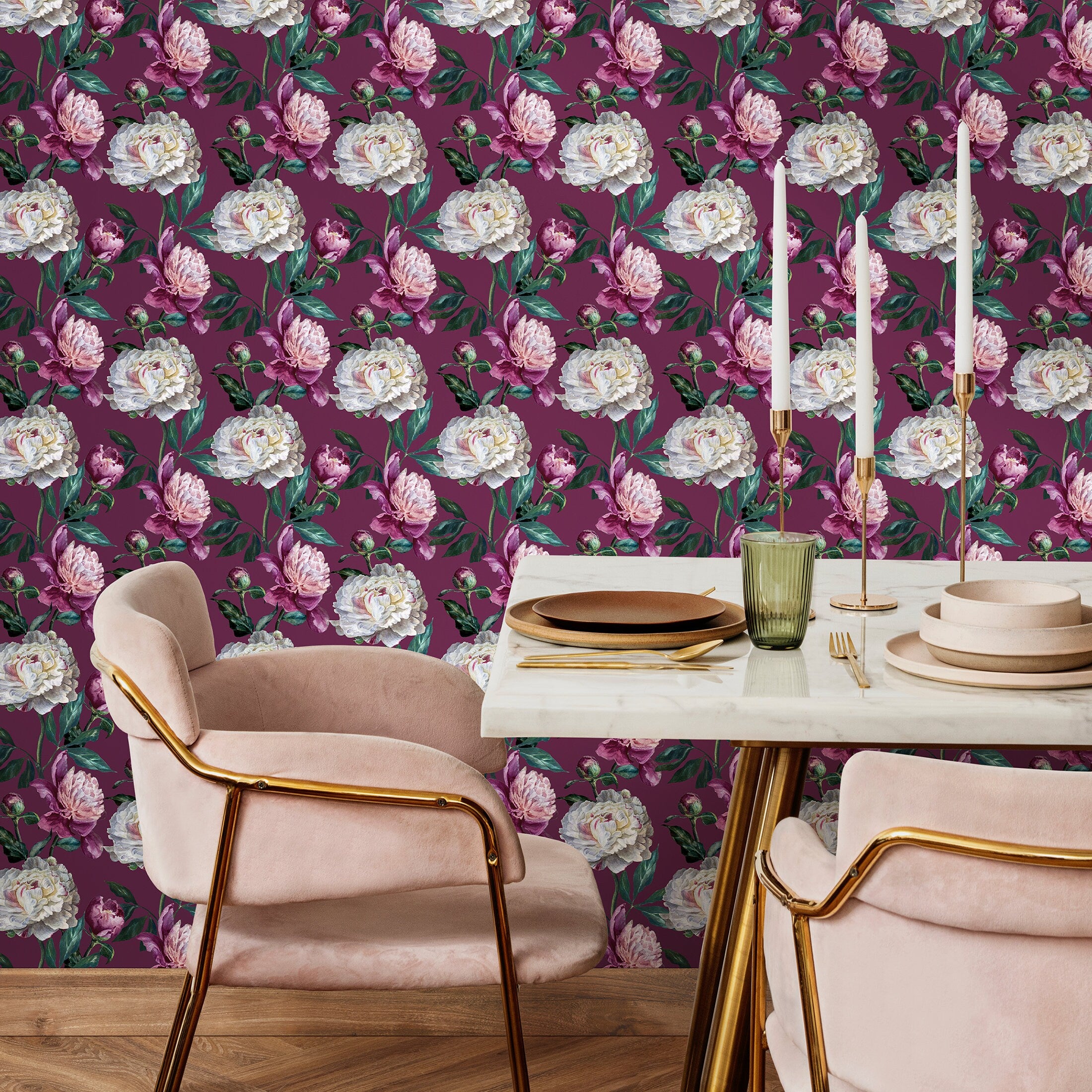 Floral Wallpaper With Painted Peonies In Purple, Pink, And White - B183