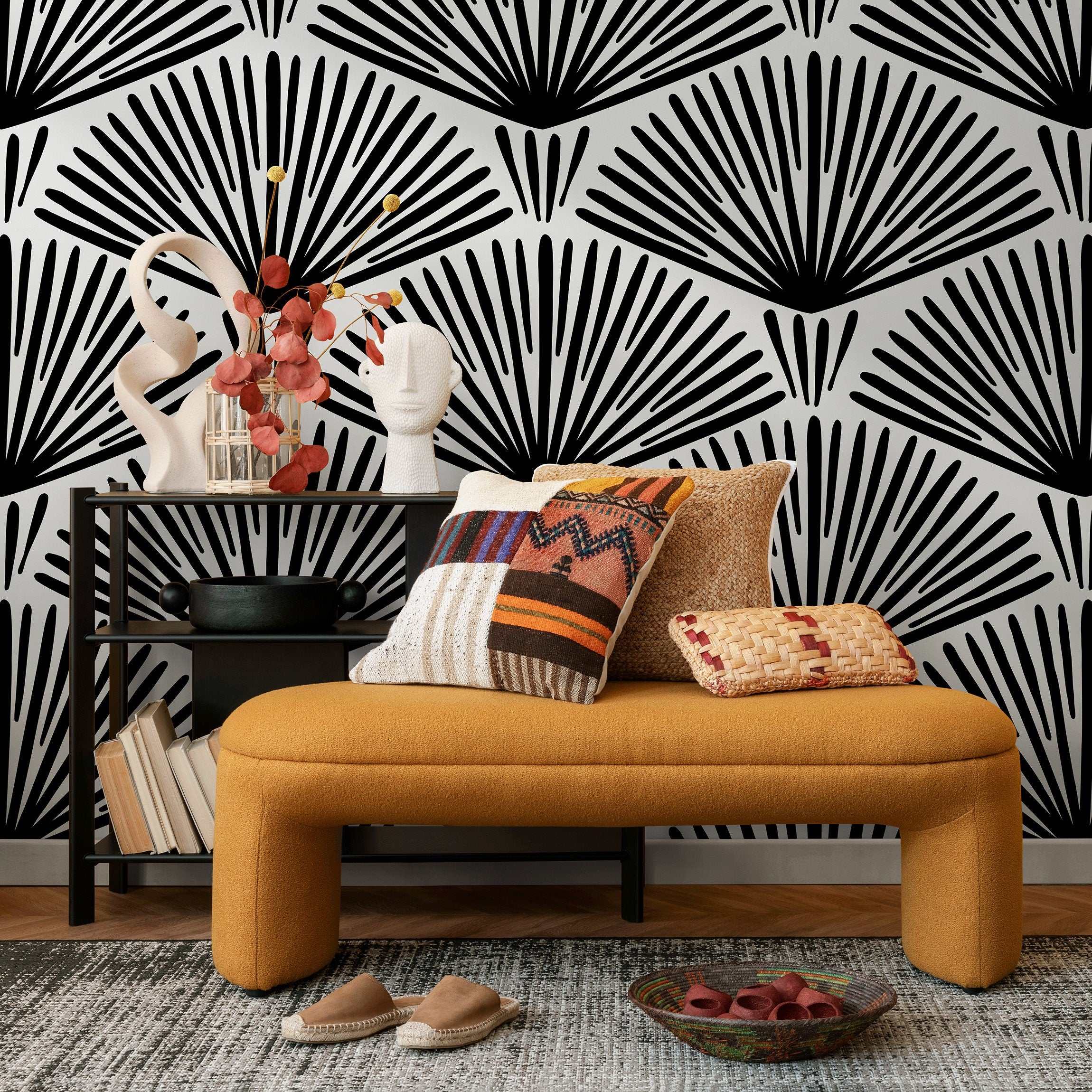 Art Deco Wallpaper With A Bold Fan Motif In Black And White - B240