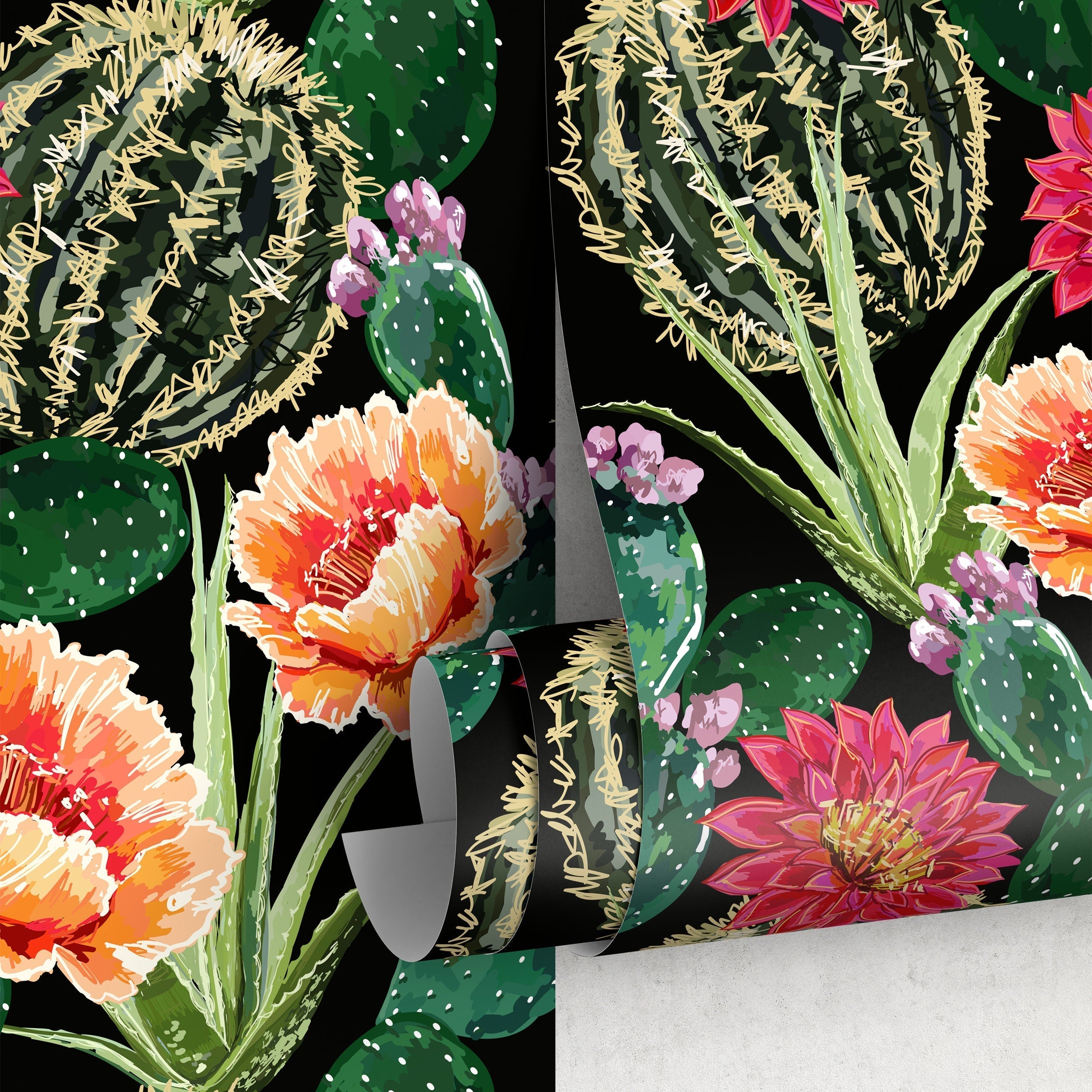 Cactus Wallpaper With Blooming Desert Flowers In Red, Orange, And Green - A913